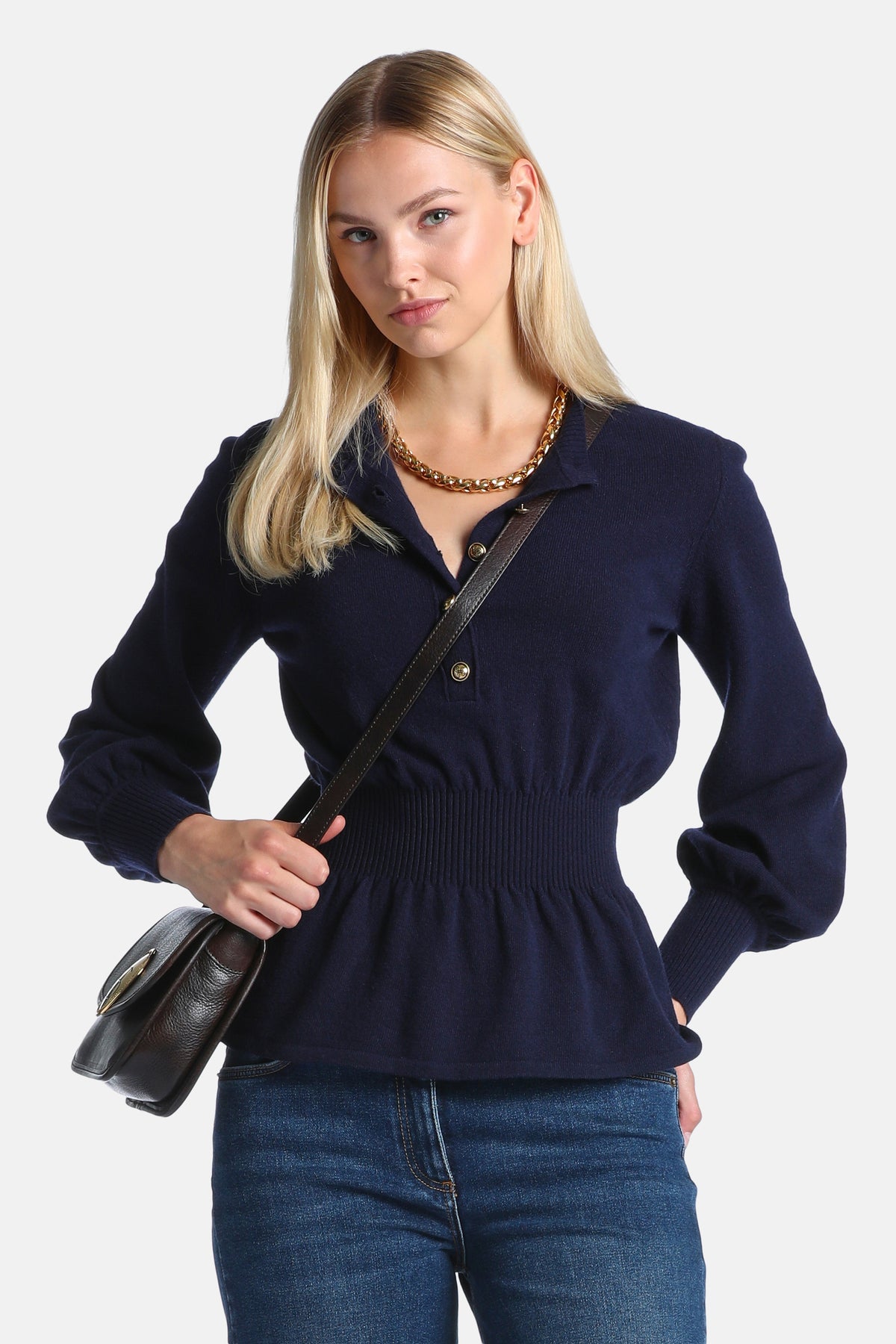 Cassina Henley Sweater With Peplum Hem in Blue, primary view