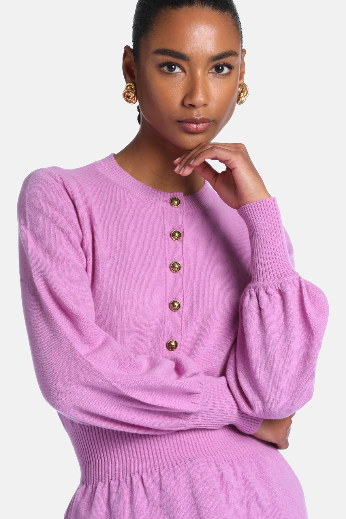 Cassina Henley Sweater With Peplum Hem in Pink, primary view