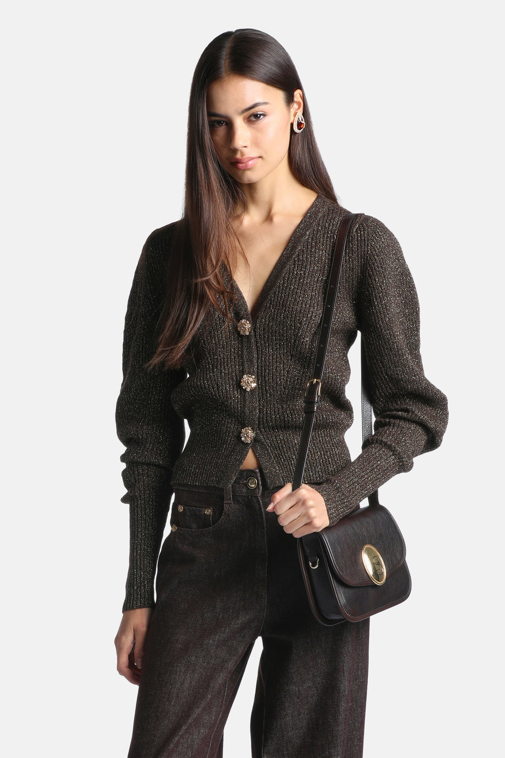 Cavina Cardigan With Jewelled Buttons in Brown-Gold, primary view [fp-color:brown-gold]