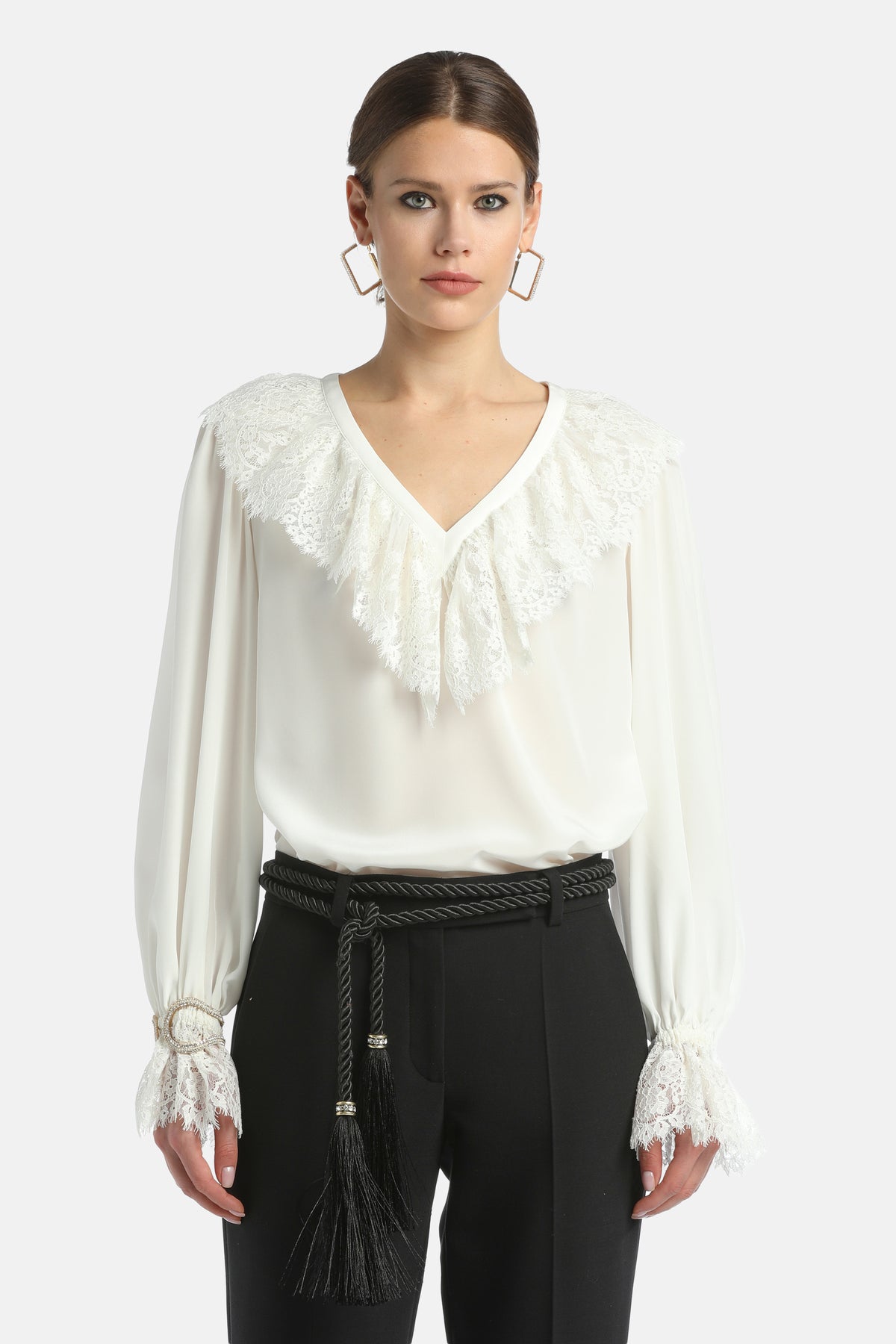 Lumino Blouse With Scalloped Lace in Cream, primary view