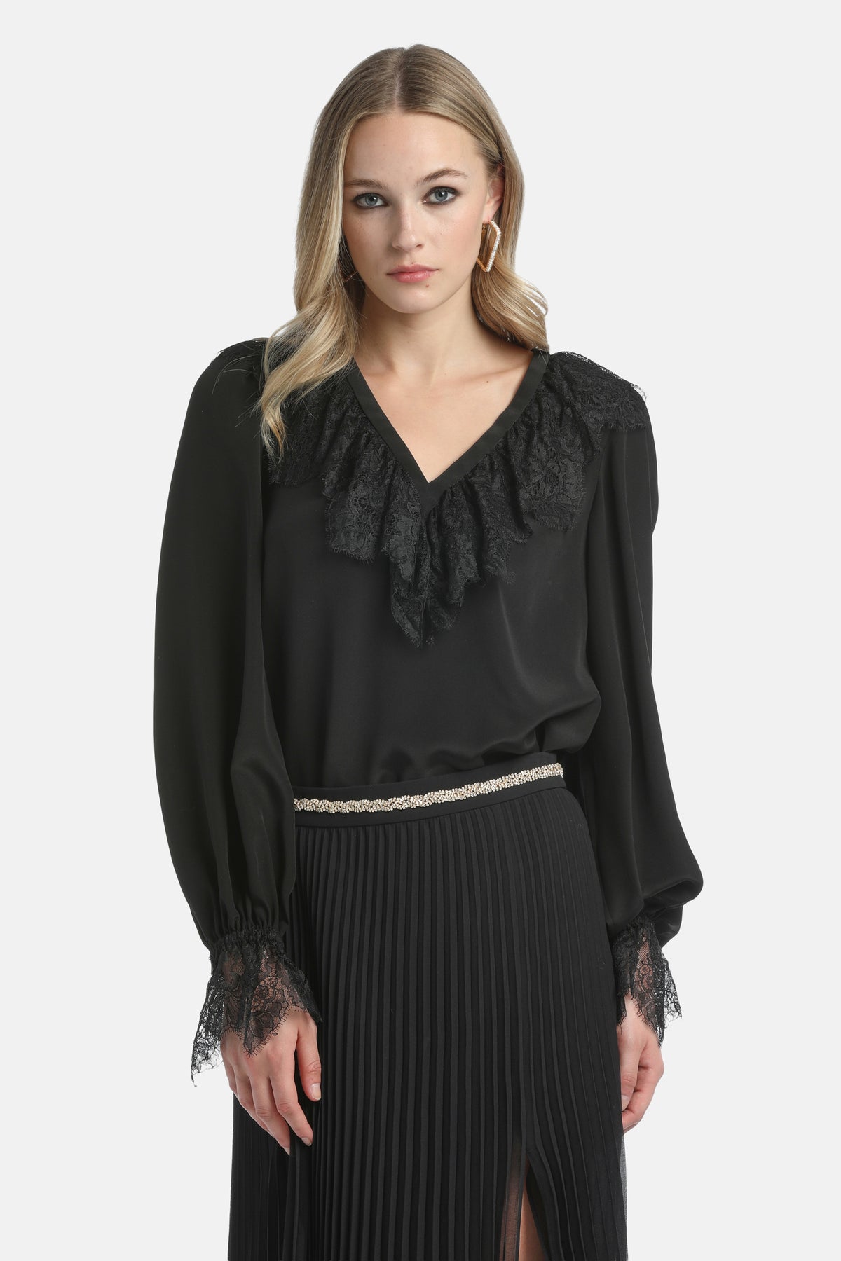 Lumino Blouse With Scalloped Lace in Black, primary view