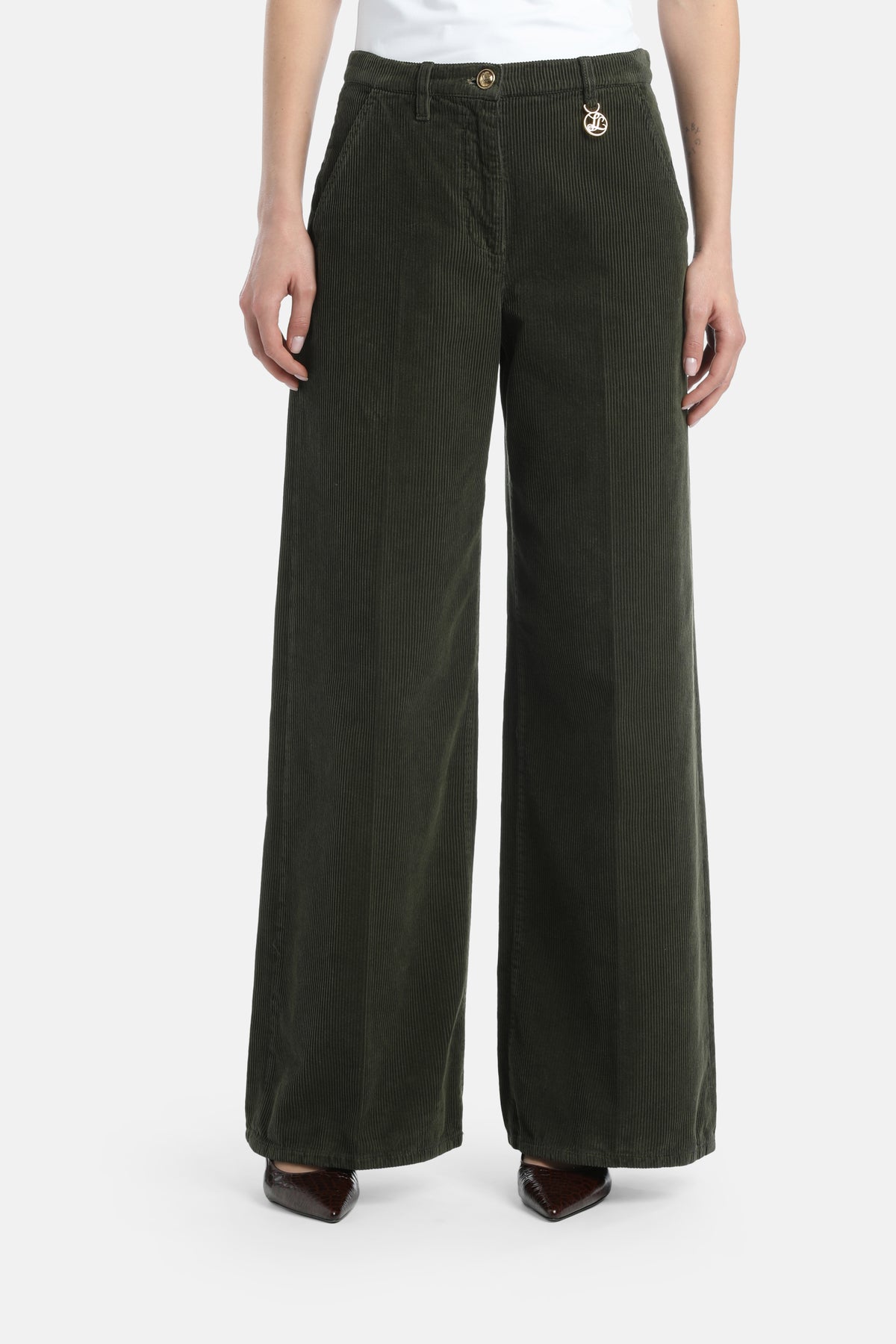 Orlato Wide-Leg Corduroy Pants in Military Green, primary view