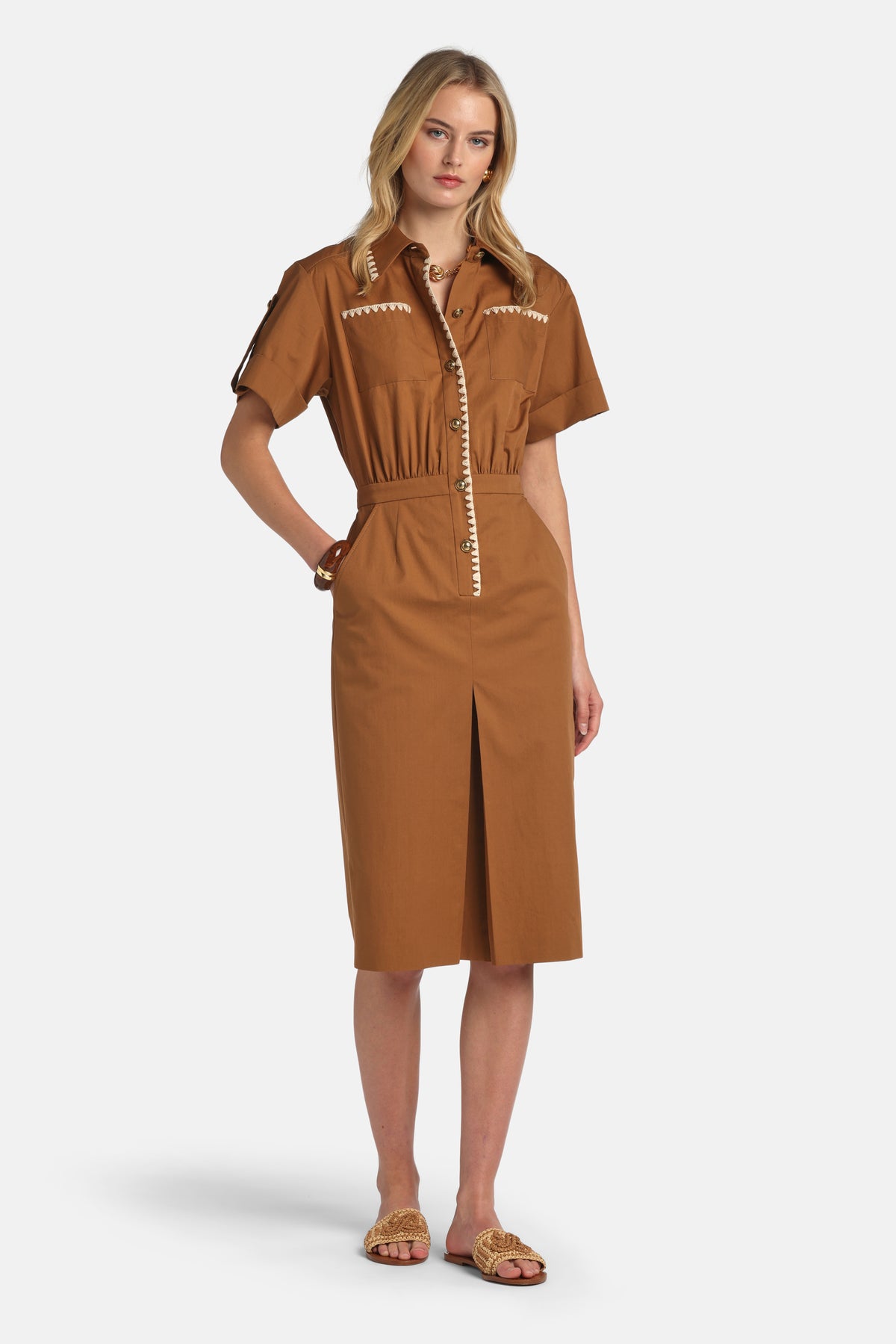 Pretesto Embroidery-Embellished Midi Dress in Tobacco, primary view
