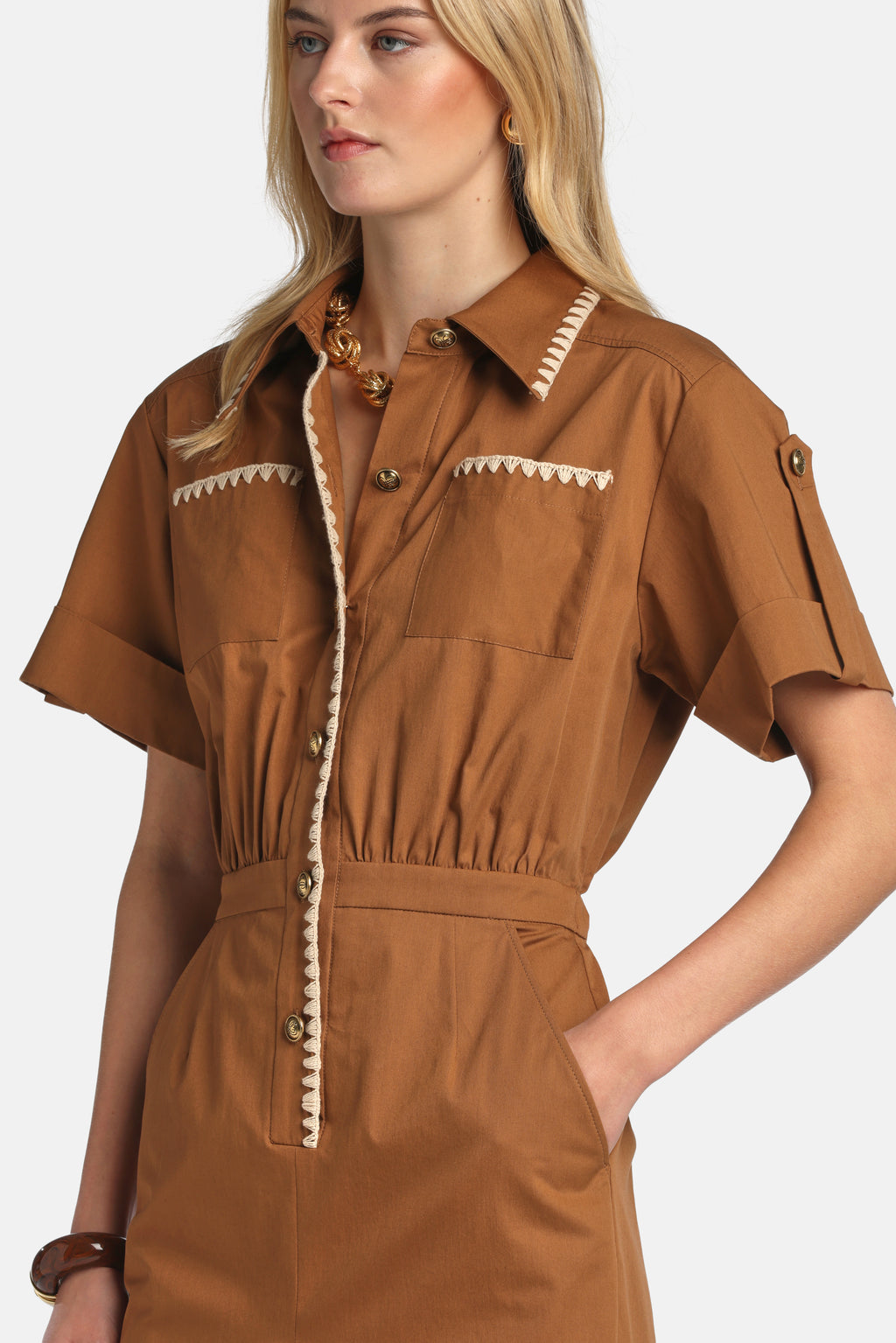 Pretesto Embroidery-Embellished Midi Dress in Tobacco, view 3