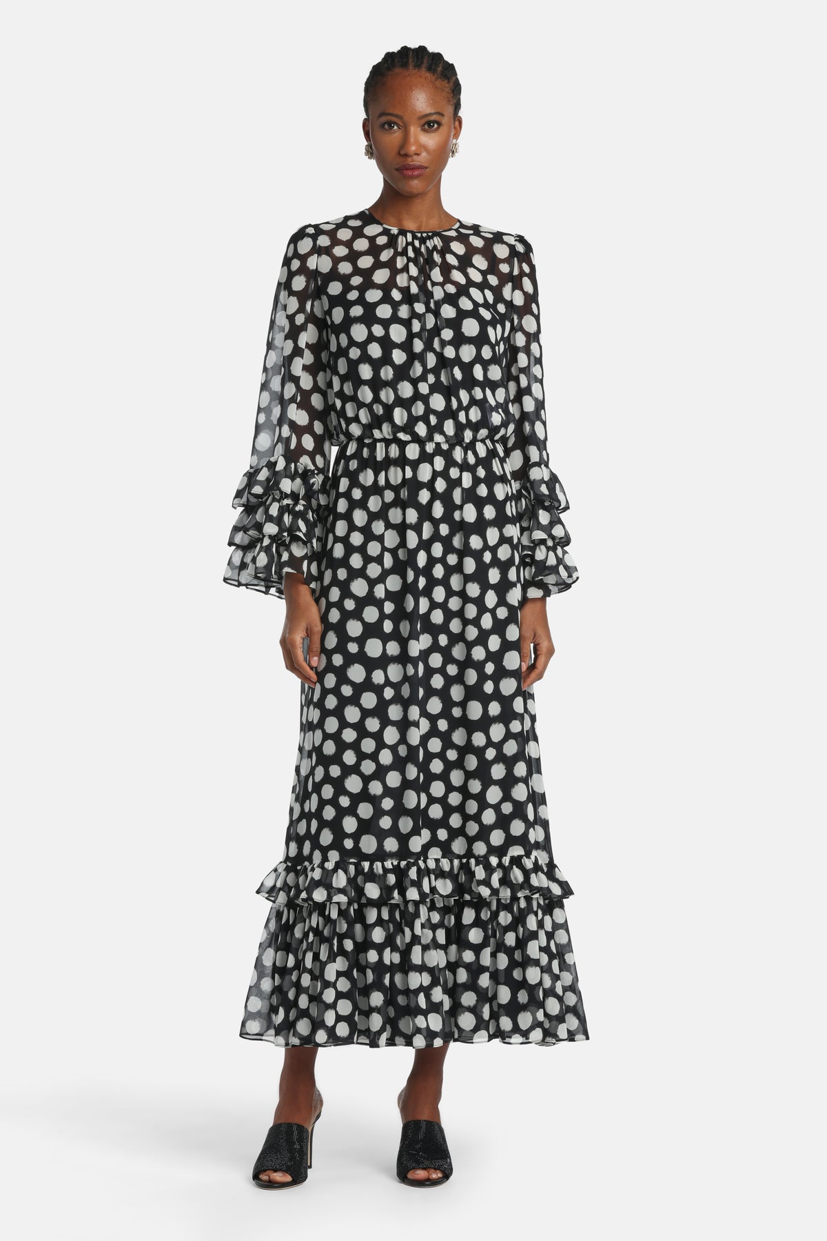 Pesche Silk Gown in White Polka Dots, primary view