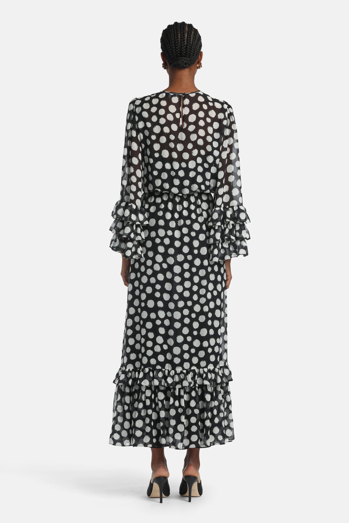 Pesche Silk Gown in White Polka Dots, view 2