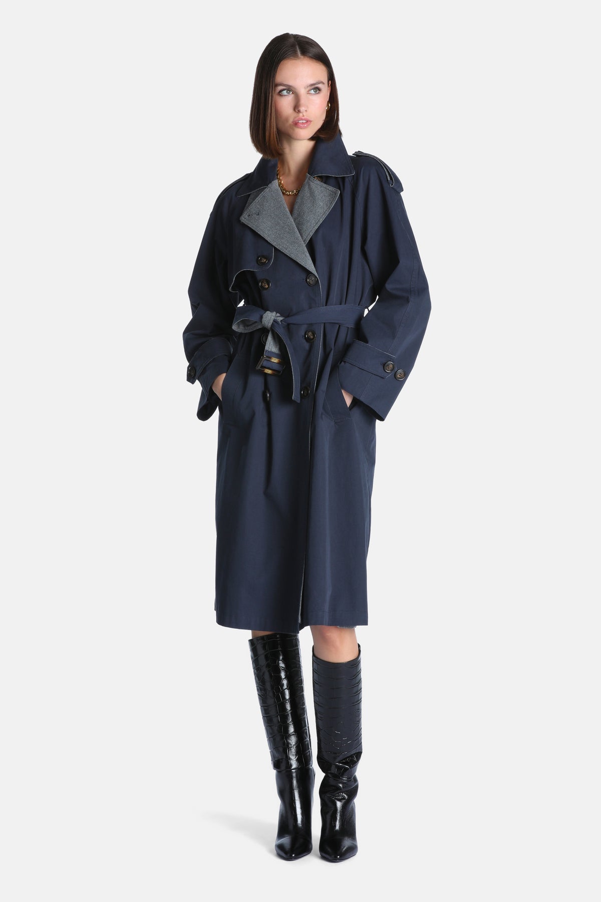 Sigle Trench Coat With Contrast Lining in Navy-Gray, primary view