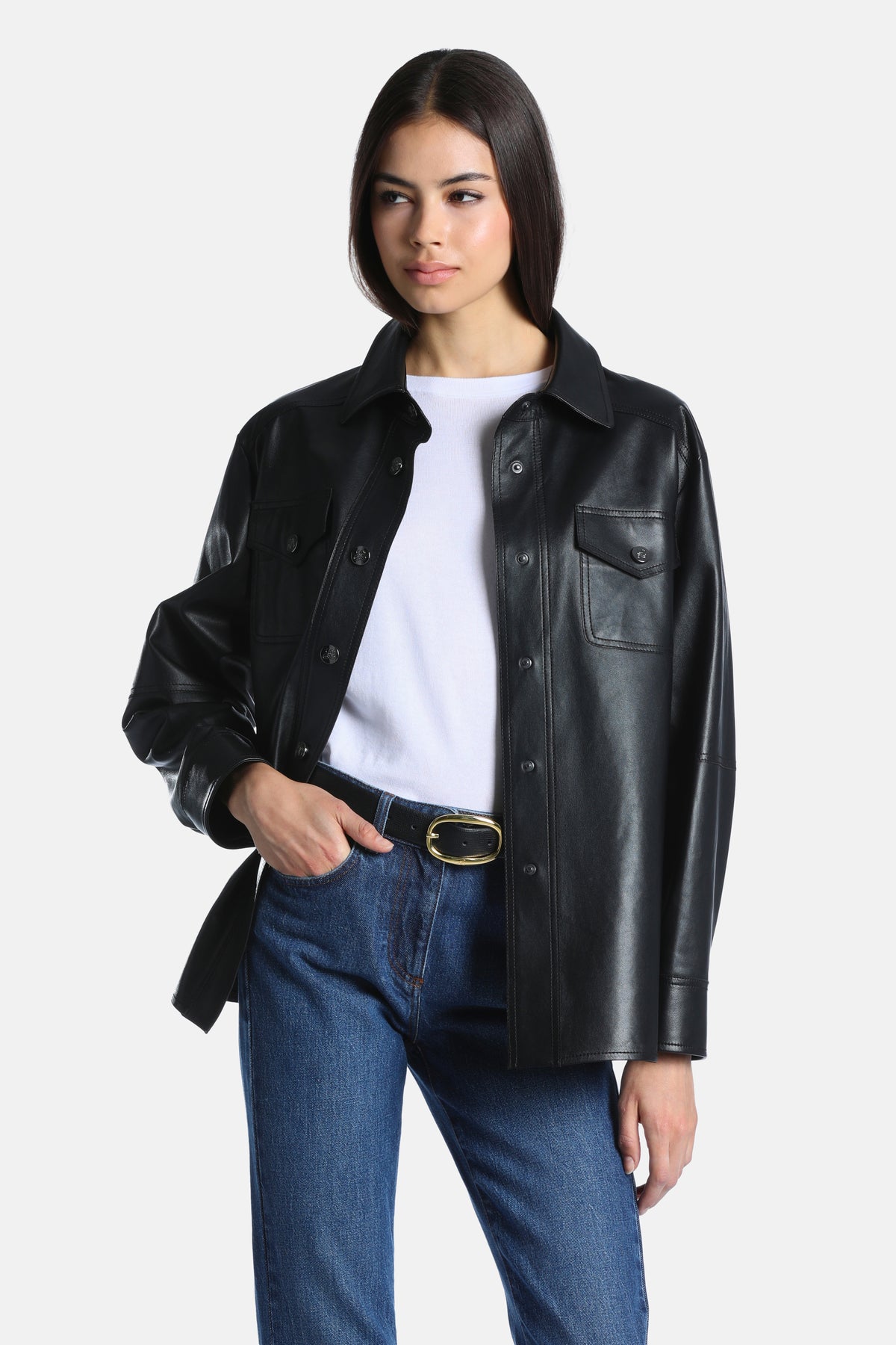 Sarmoneta Leather Shirt Jacket in Black, primary view
