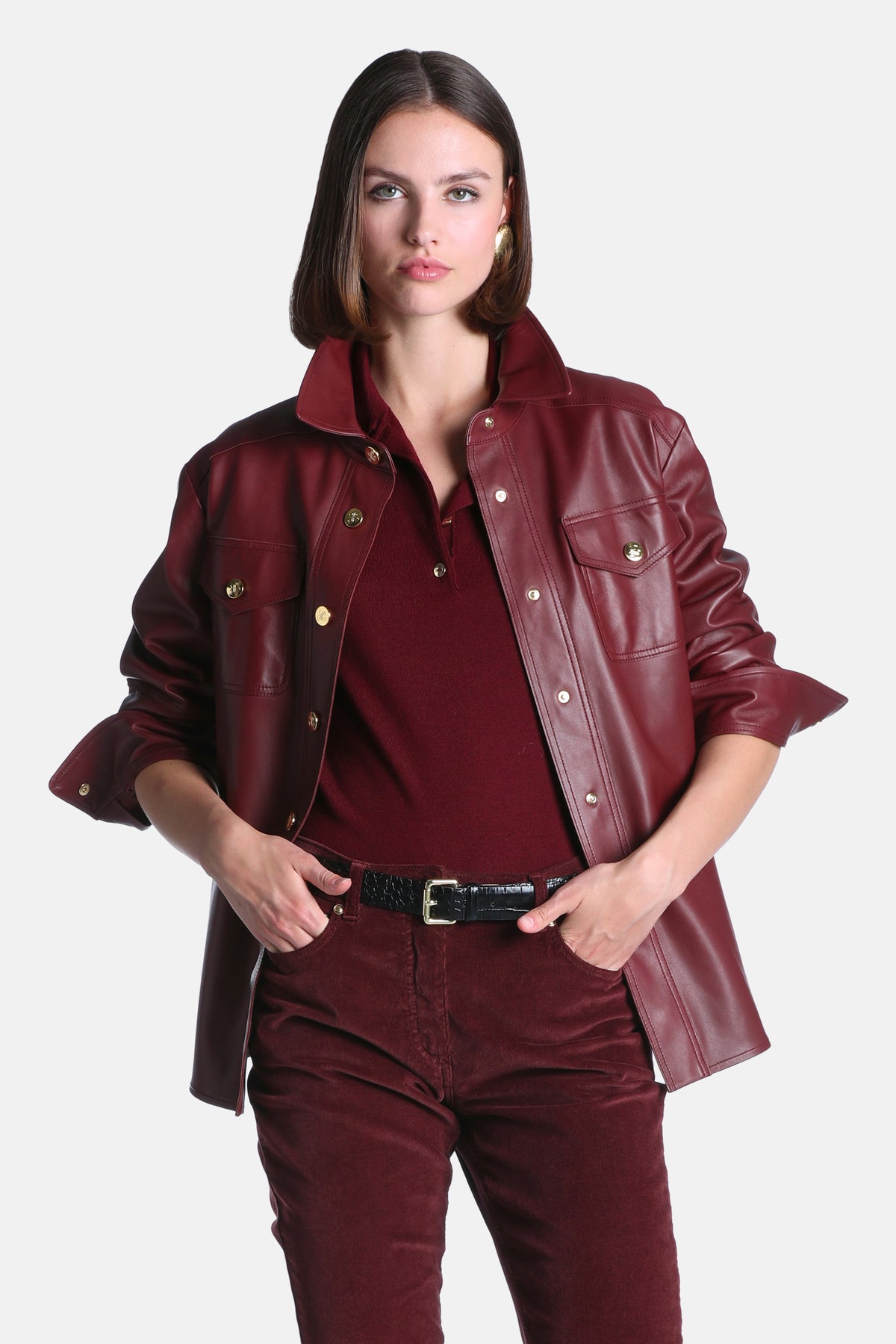 Sarmoneta Leather Shirt Jacket in Burgundy, primary view