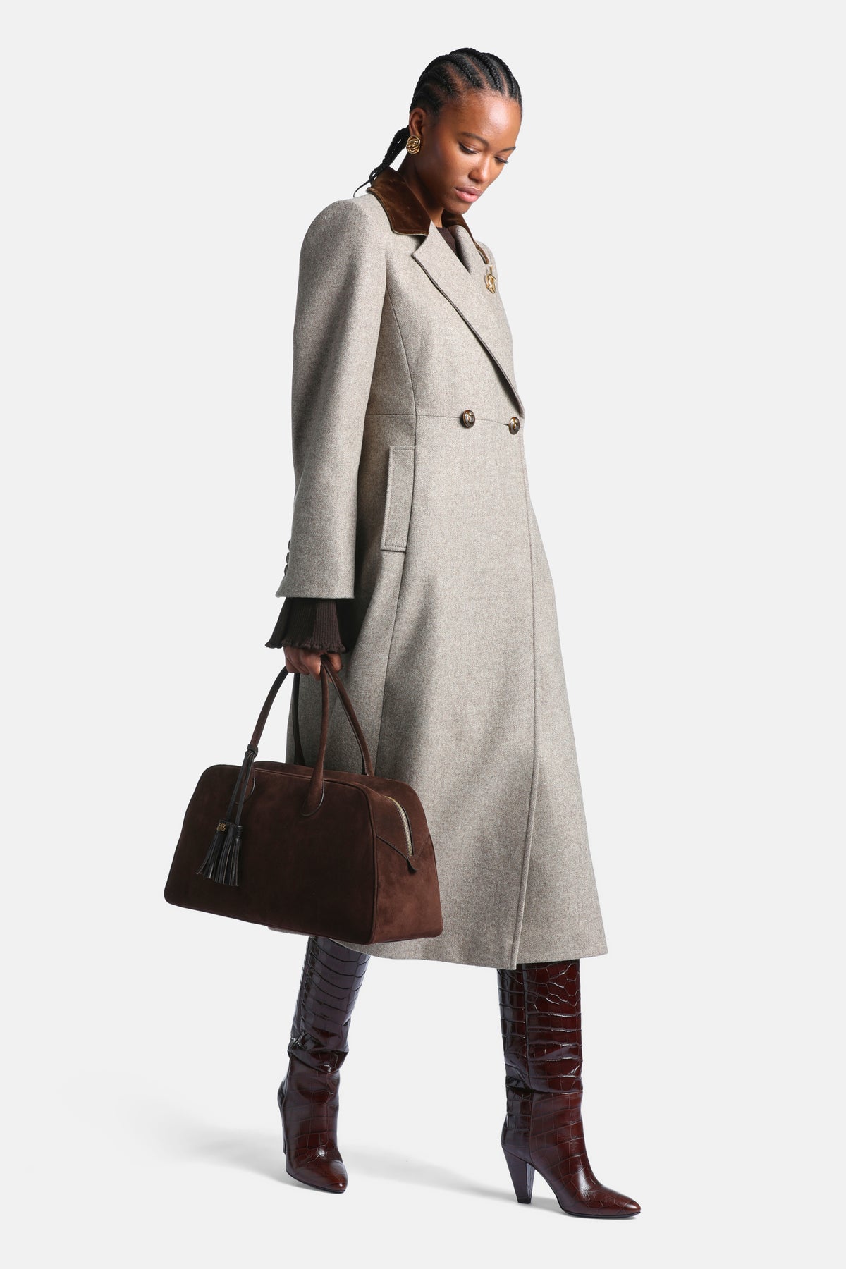 Sindi Coat With Velvet Details in Gray-Brown, primary view