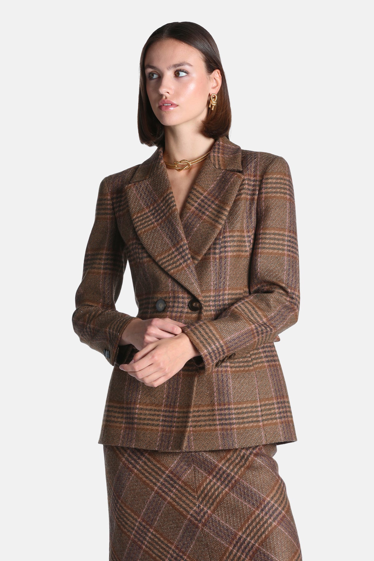Sagari Tartan-Checked Wool Blazer in Brown Tartan, primary view