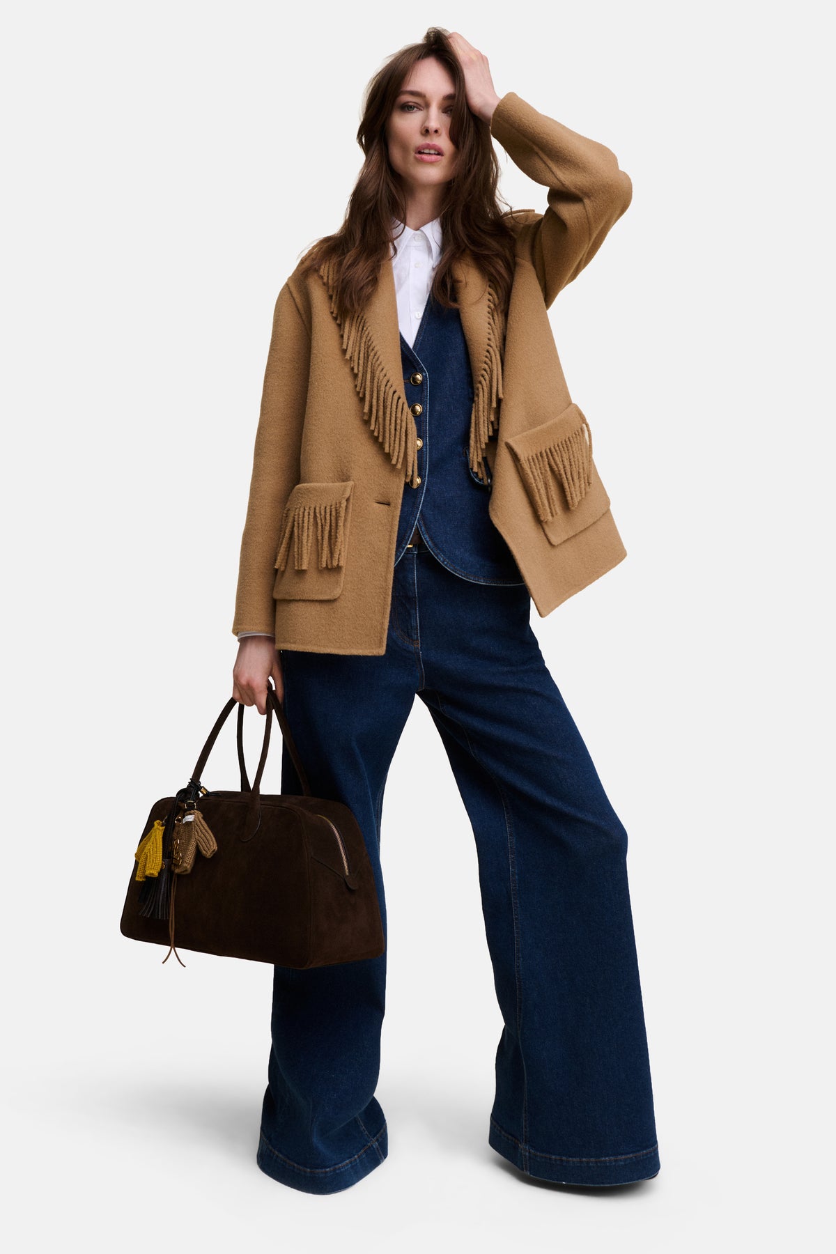 Solero Fringed Wool Jacket in Camel, primary view