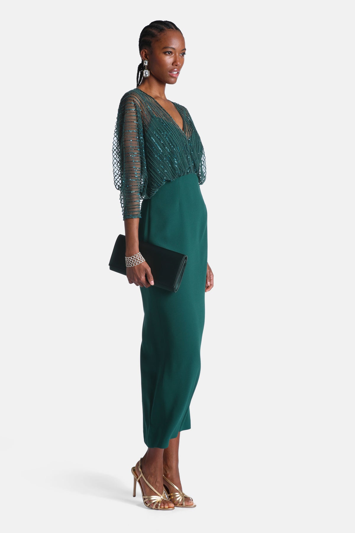 Granulare Maxi Dress With Tulle Inserts in Bottle-Green, primary view