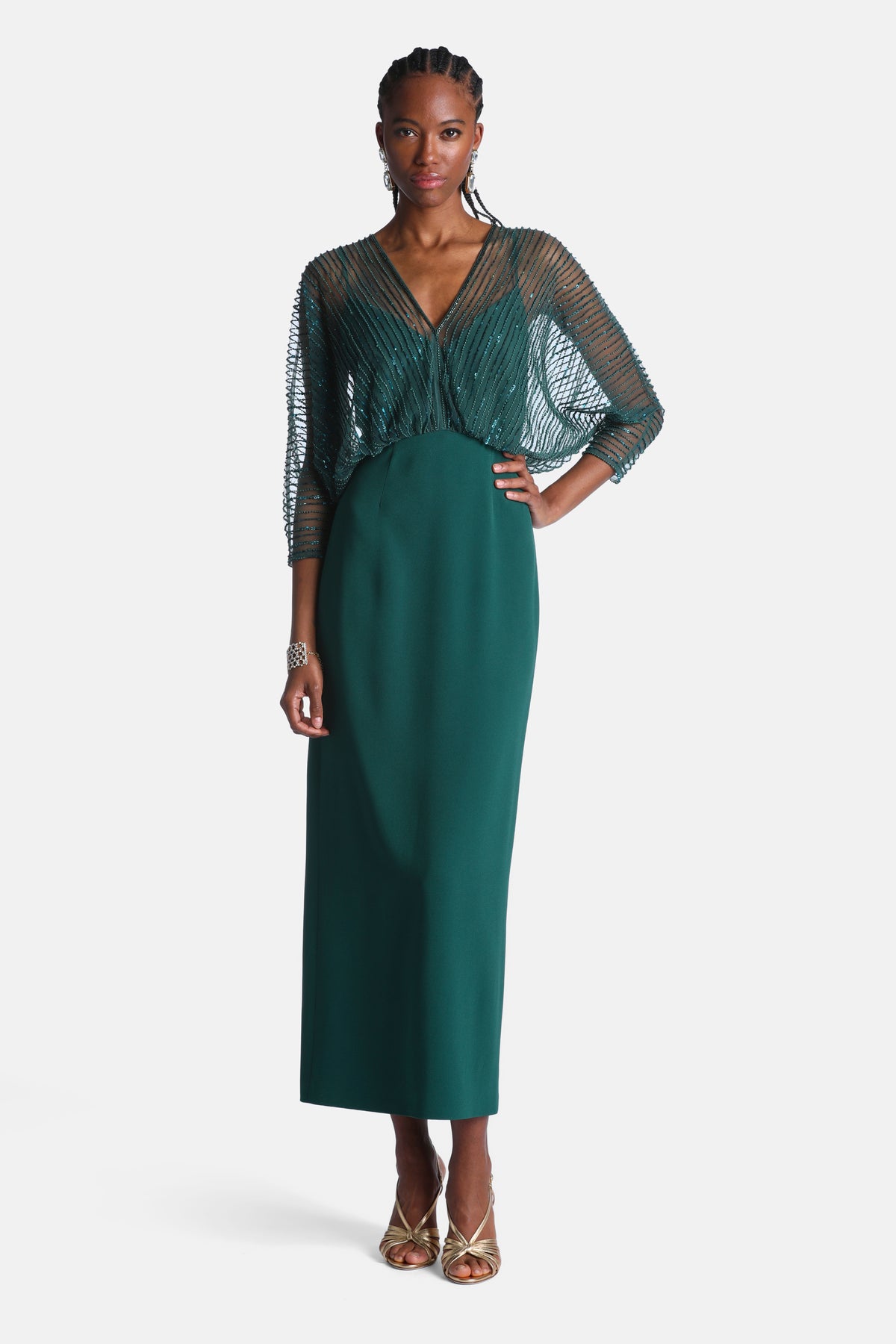 Granulare Maxi Dress With Tulle Inserts in Bottle-Green, view 2