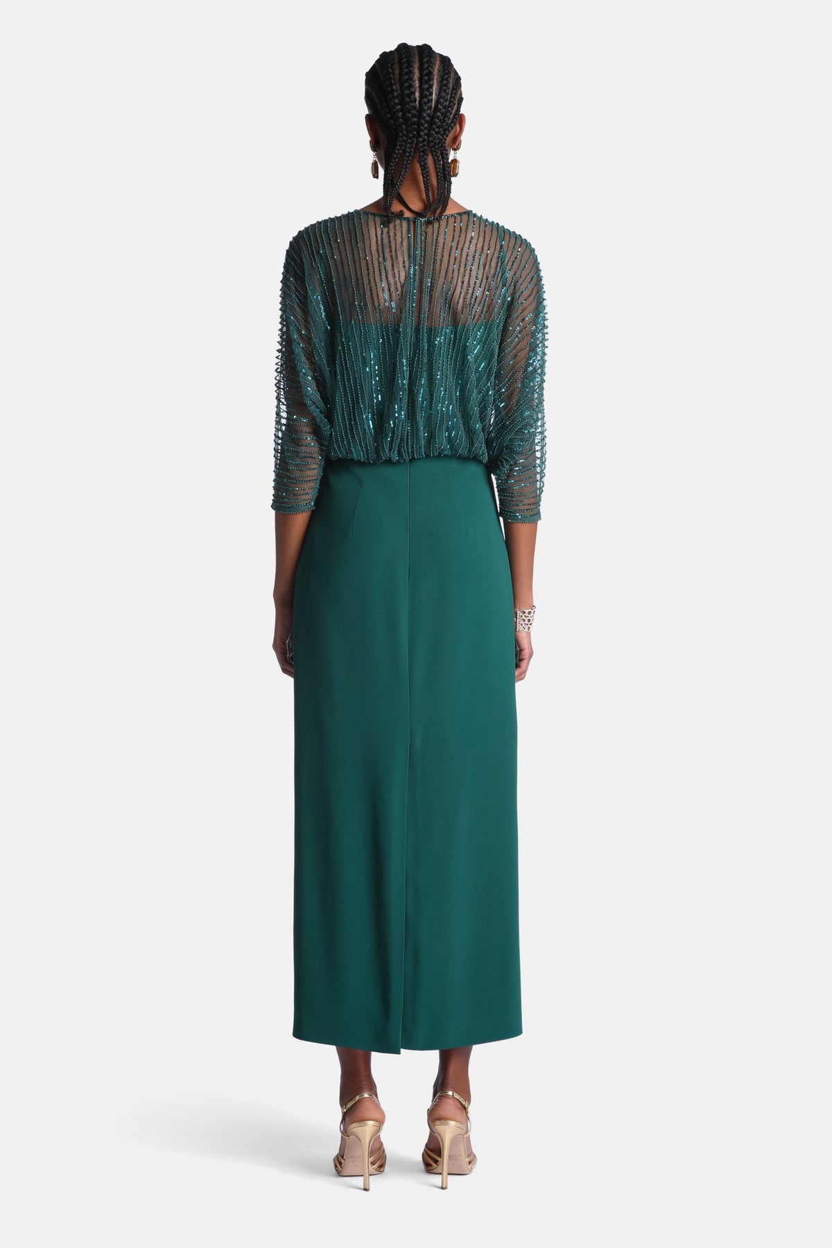 Granulare Maxi Dress With Tulle Inserts in Bottle-Green, view 3