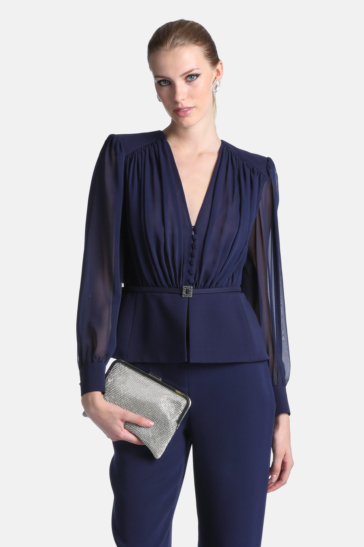 Statuaria Blended-Silk Blouse in Blue, primary view