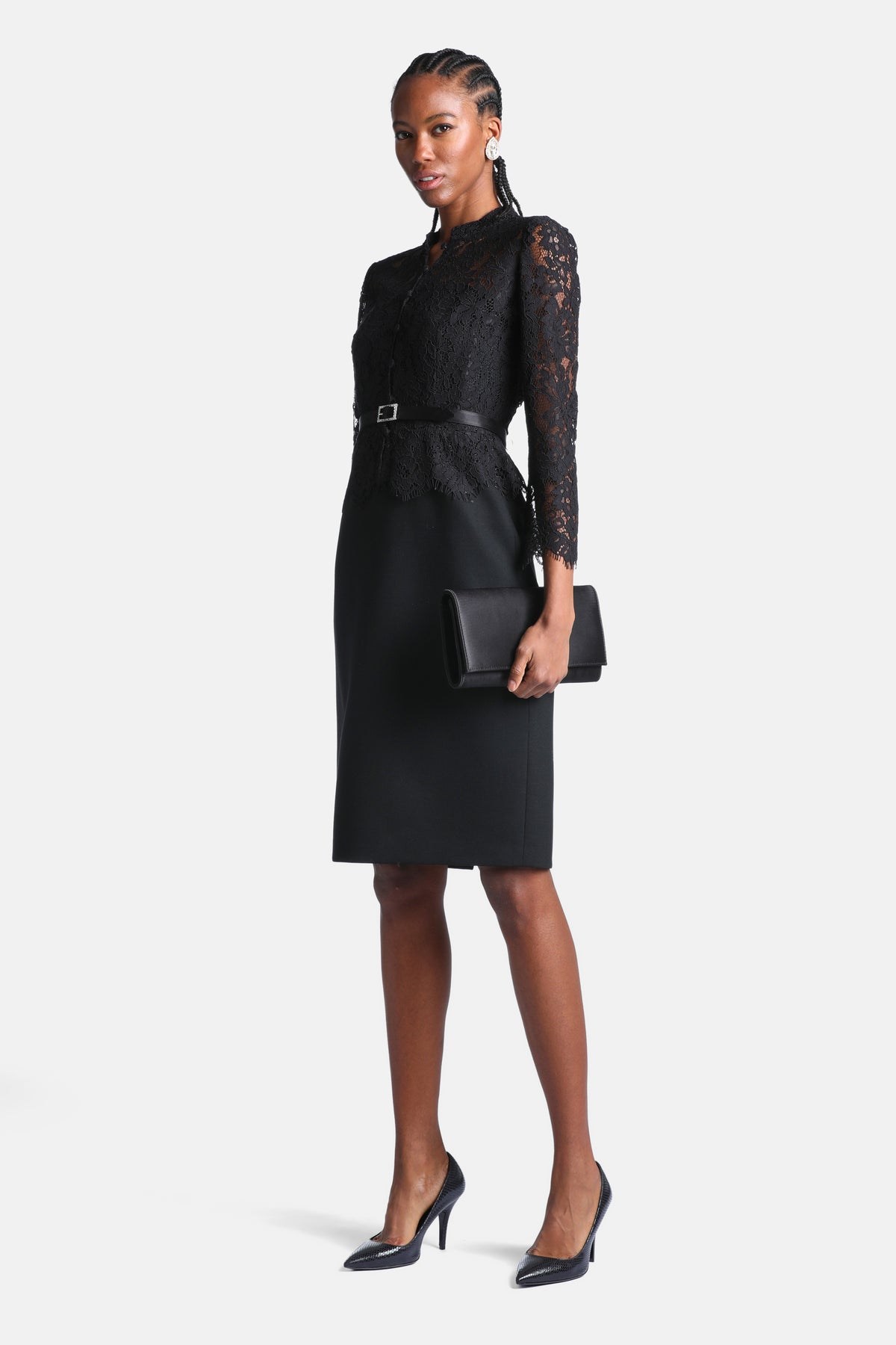 Ghiglia Midi Dress With Lace Bodice in Black, primary view