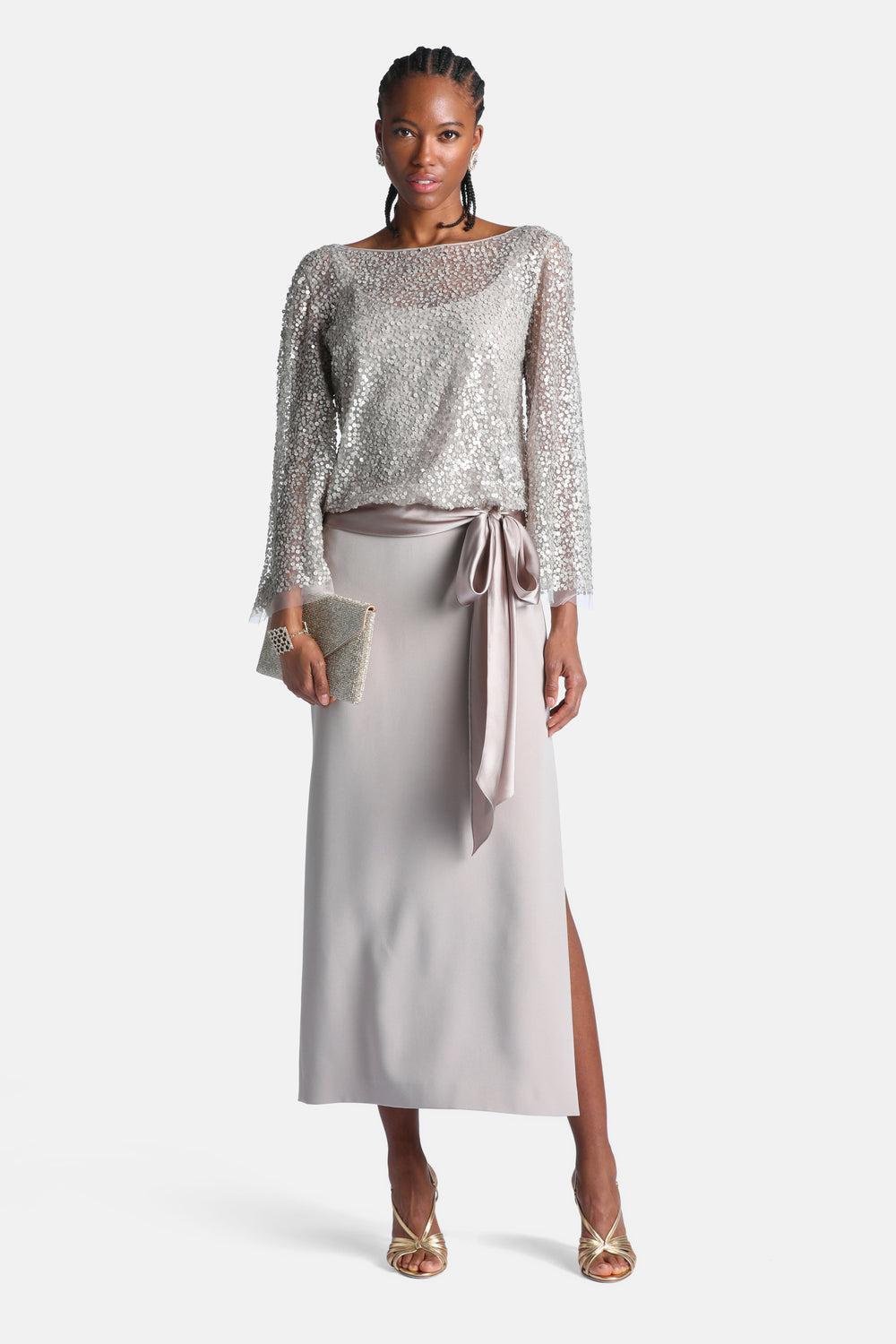 Geosfera Sequined Gown in Platinum, primary view [fp-color:platinum]