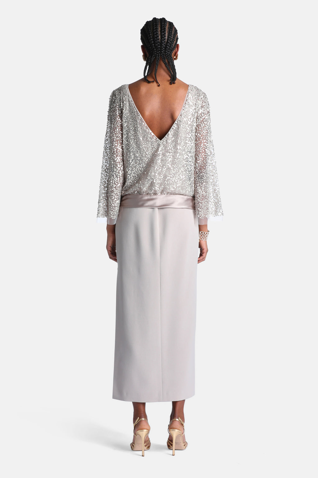 Geosfera Sequined Gown in Platinum, view 2