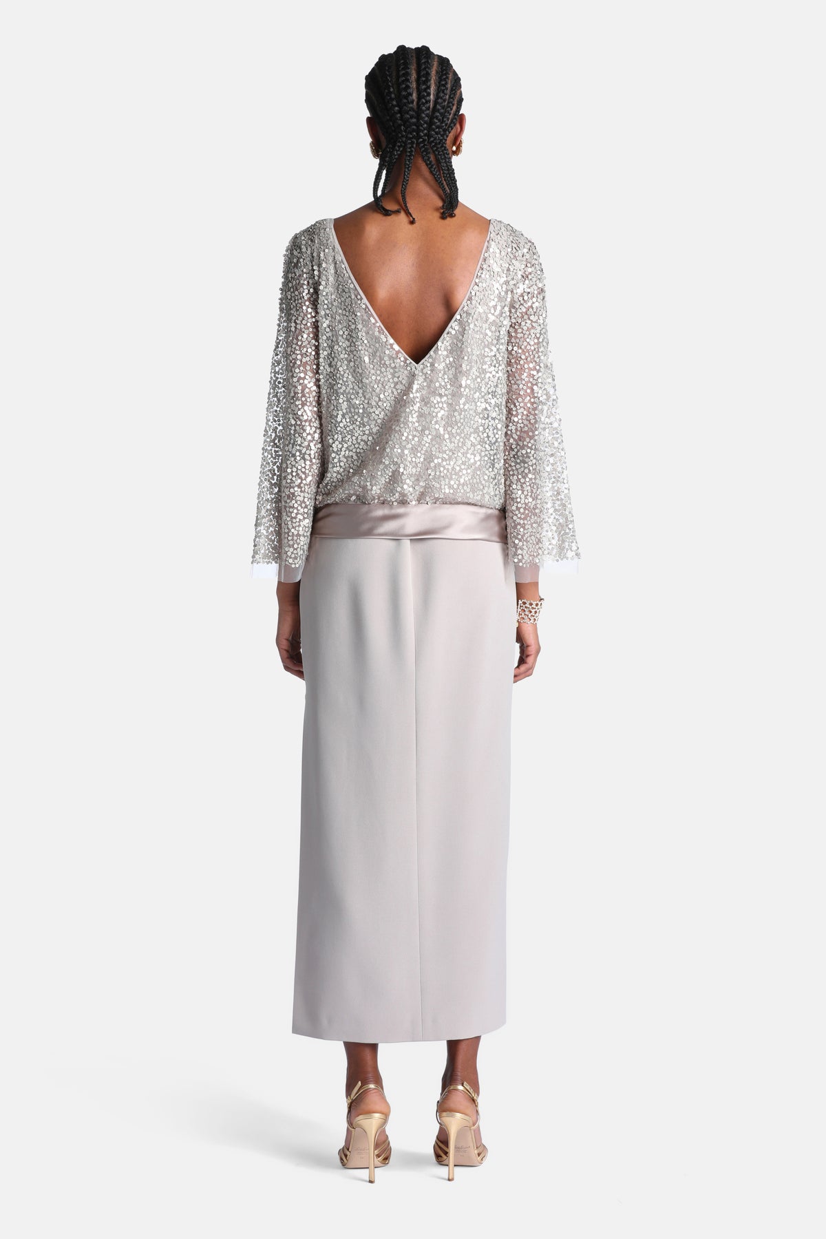 Geosfera Sequined Gown in Platinum, view 2