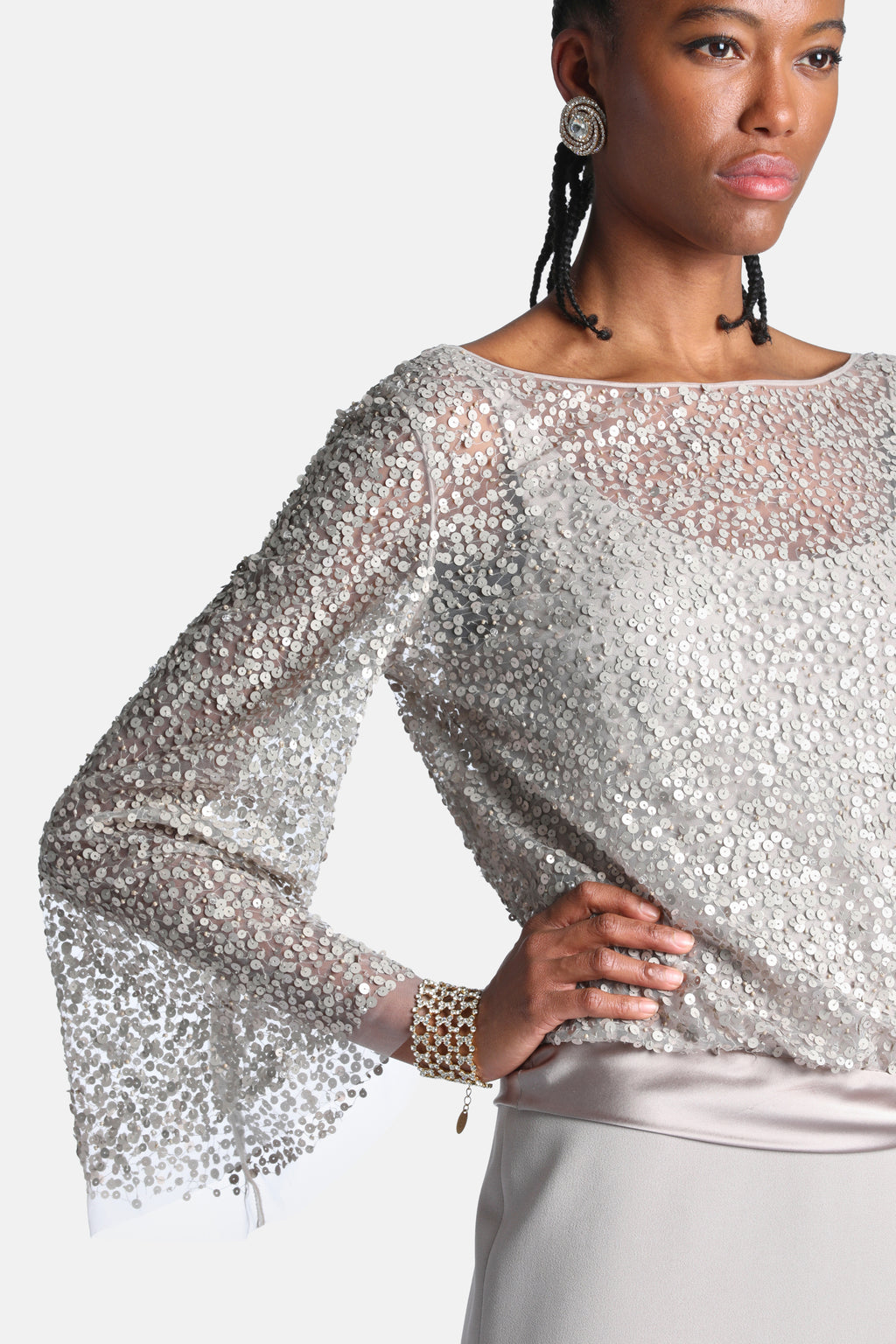 Geosfera Sequined Gown in Platinum, view 3