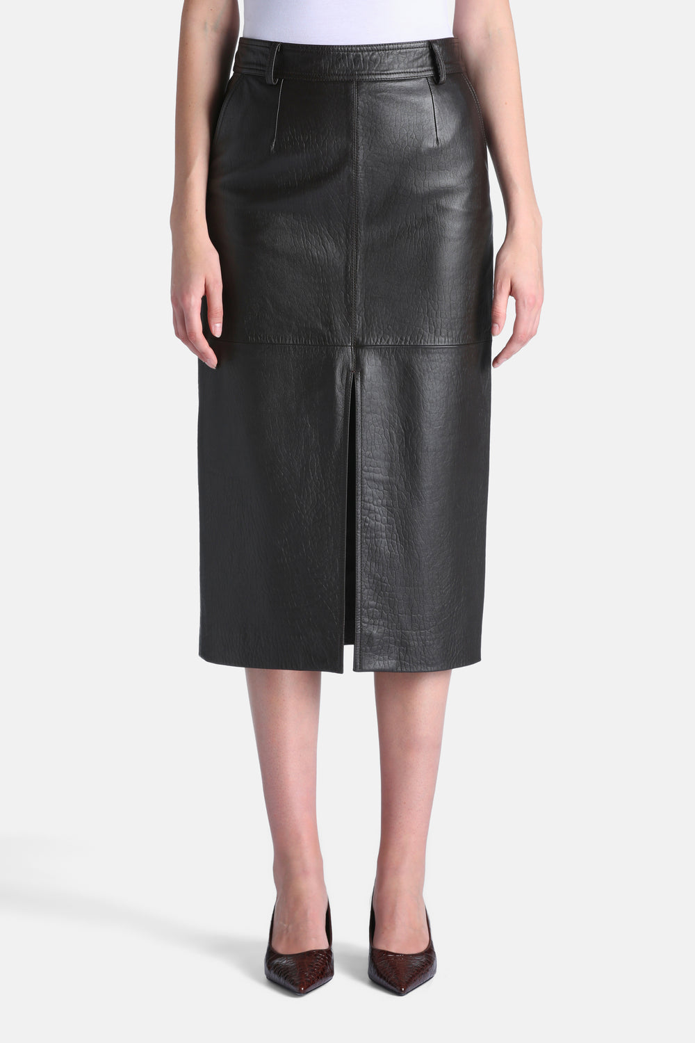 Fidente Leather Midi Pencil Skirt in Brown, primary view [fp-color:brown]