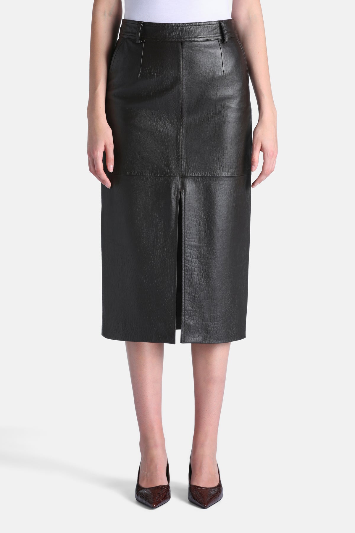 Fidente Leather Midi Pencil Skirt in Brown, primary view