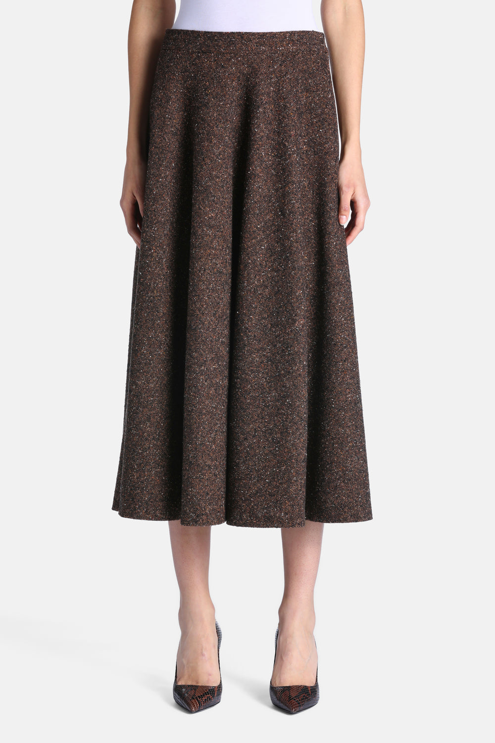 Frazione Flared Bouclé Midi Skirt in Brown, primary view [fp-color:brown]