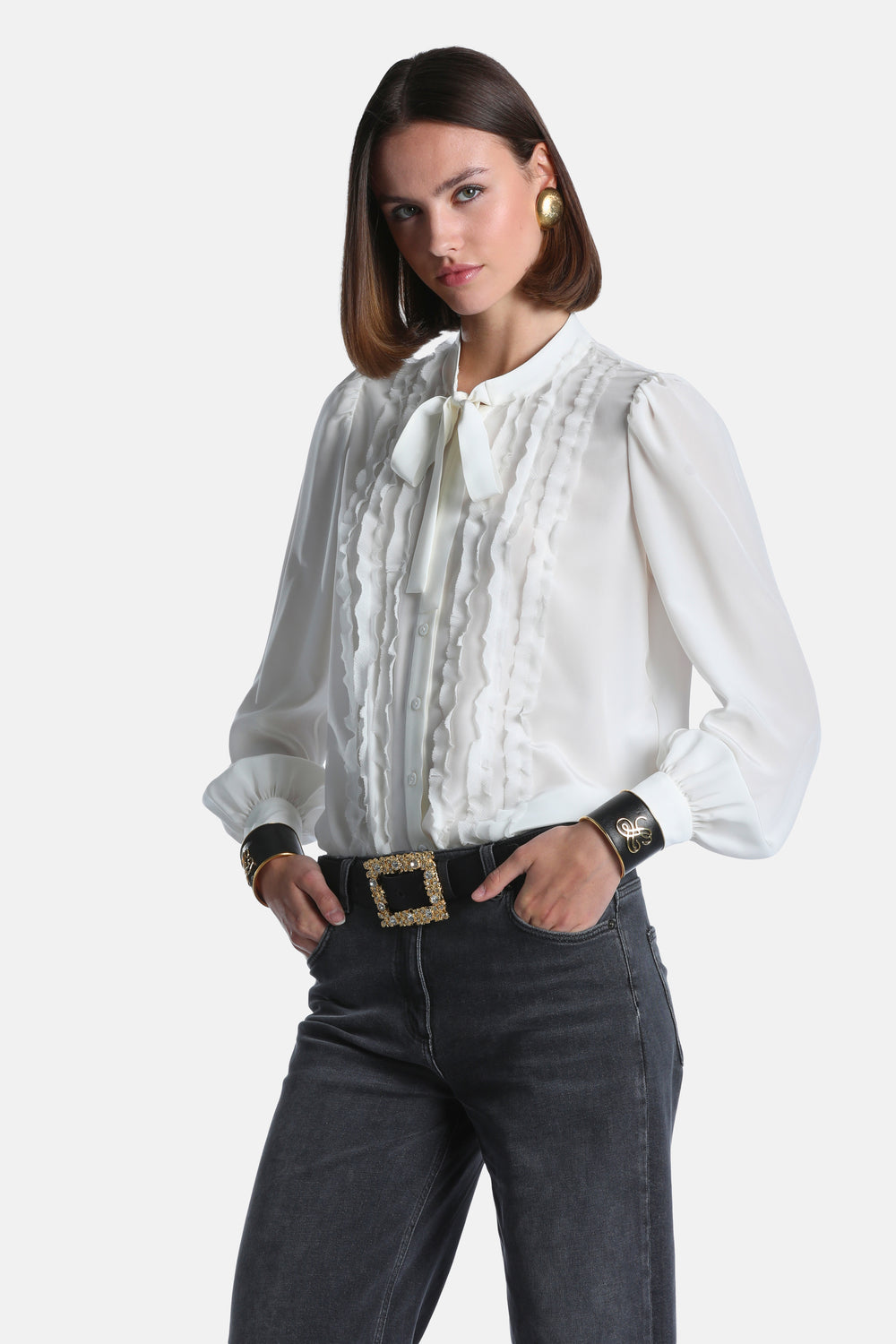 Lindas Ruffled Silk Shirt in Cream-Cream, primary view [fp-color:cream-cream]