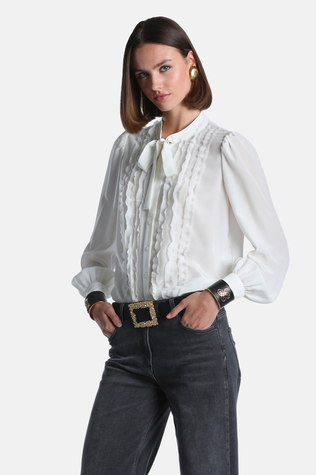 Lindas Ruffled Silk Shirt in Cream-Cream, primary view