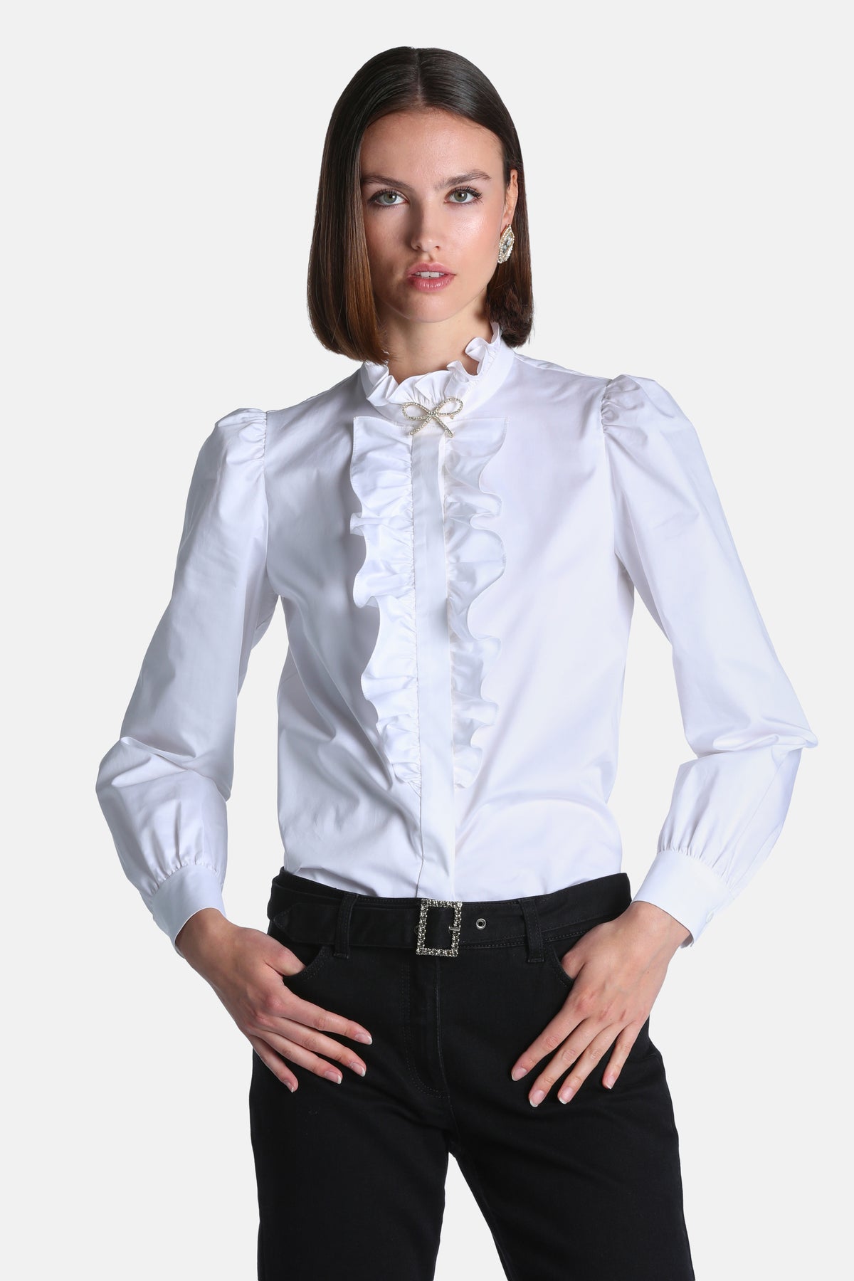 Localita Poplin Shirt With Jabot in White, primary view