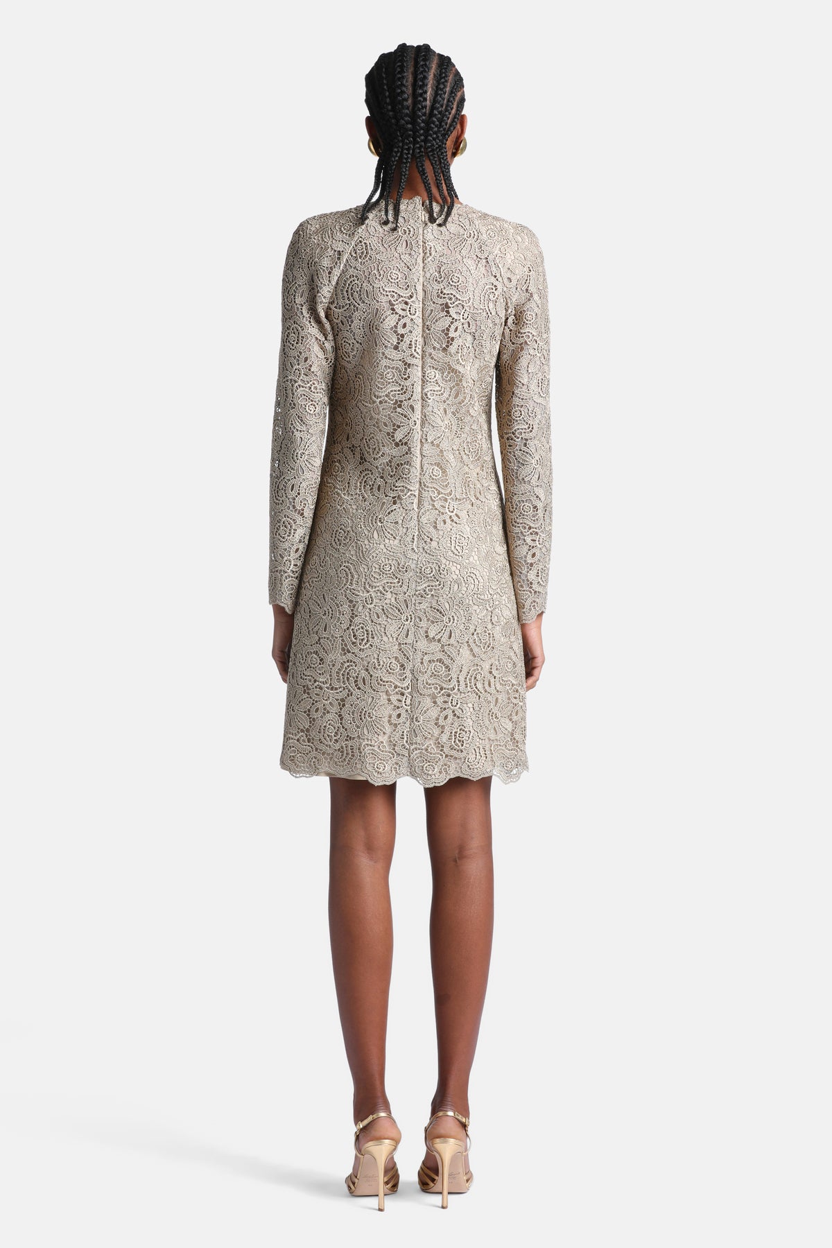 Galalite Macramé Lace Minidress in Gold, view 2