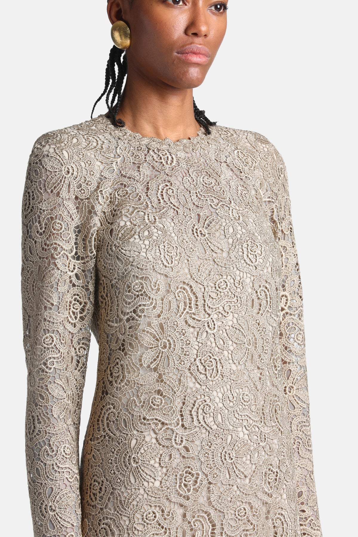 Galalite Macramé Lace Minidress in Gold, view 3