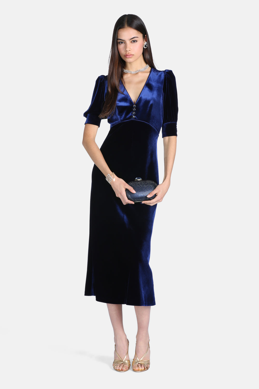 Gray Silk And Viscose Velvet Midi Dress in Blue, primary view [fp-color:blue]