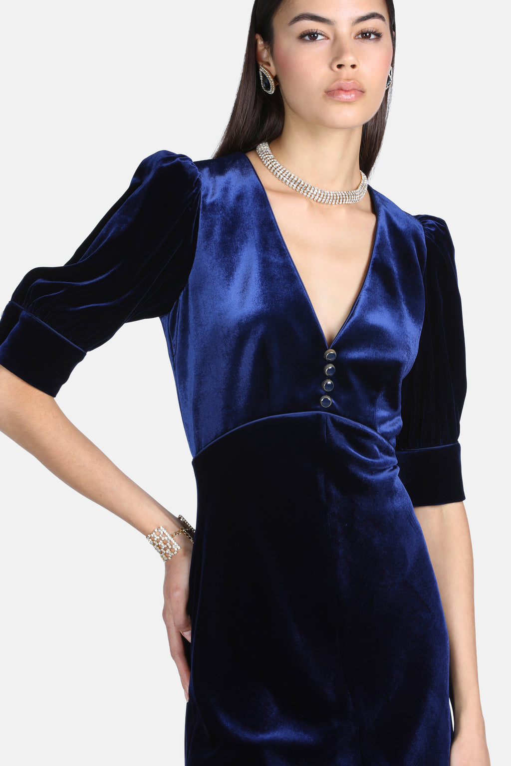 Gray Silk And Viscose Velvet Midi Dress in Blue, view 3
