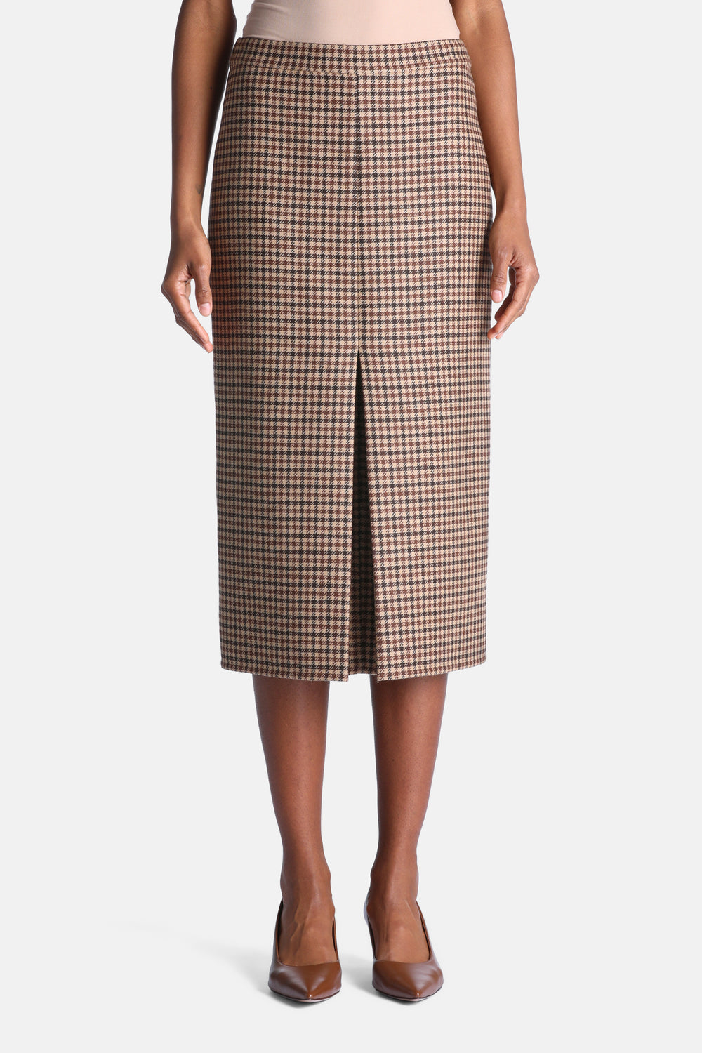 Fragolino Houndstooth Midi Skirt in Brown-Cream Houndstooth, primary view [fp-color:brown-cream-houndstooth]