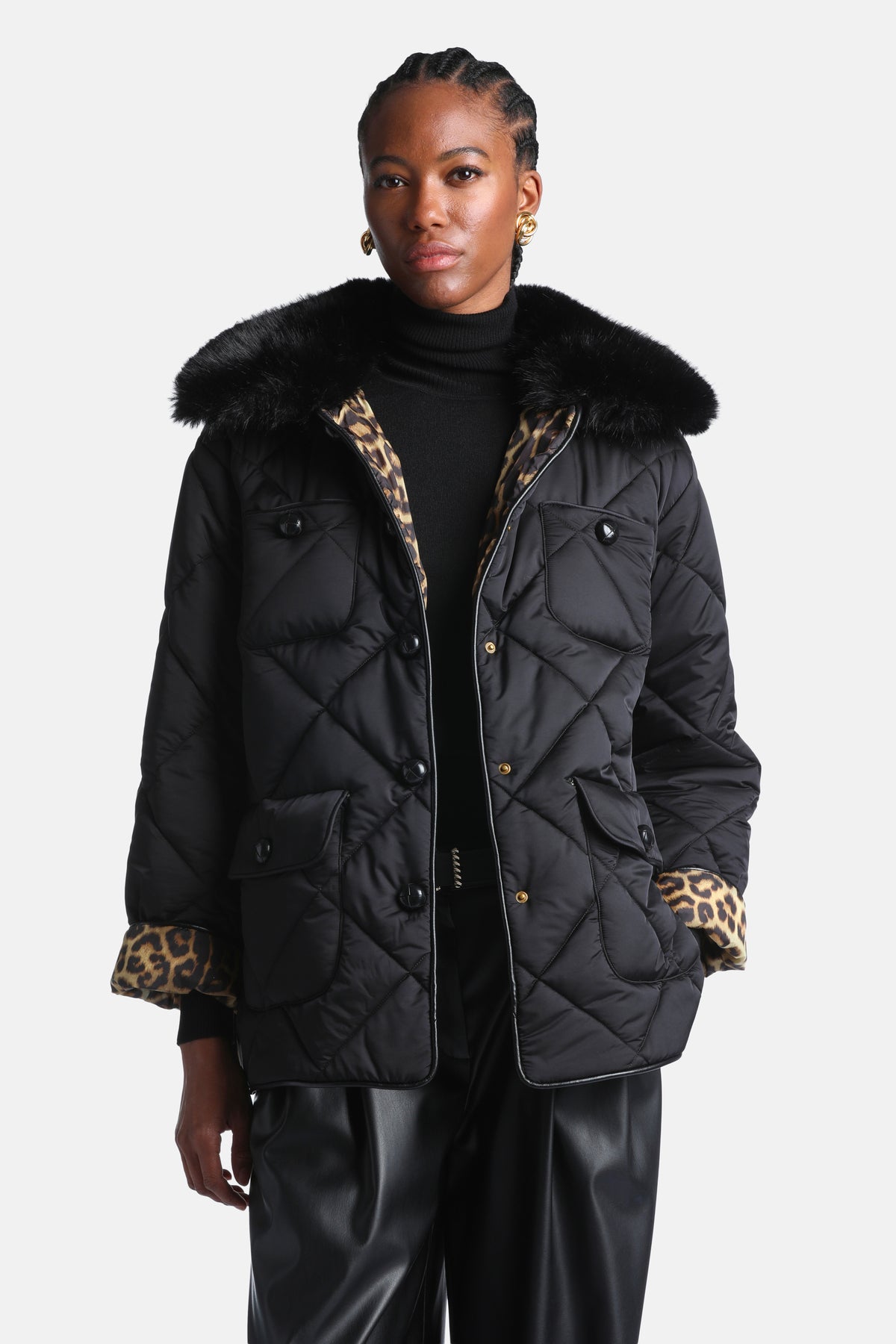Soresina Puffer Jacket With Fur-Effect Collar in Black-Black, primary view