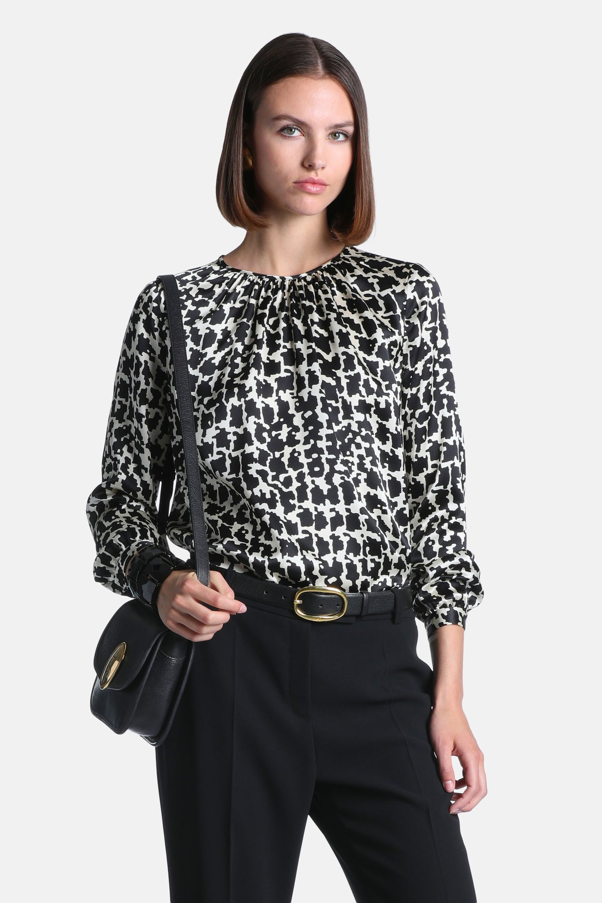 Lisio Silk Optical-Print Blouse in Black-White Print, primary view