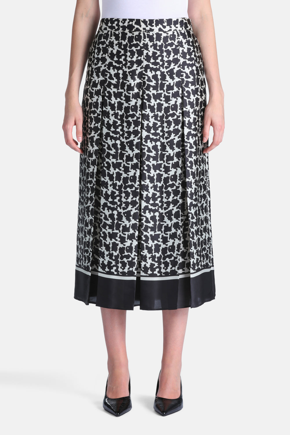 Fulvia Optical-Effect Pleated Skirt in Black-White Print, primary view [fp-color:black-white-print]