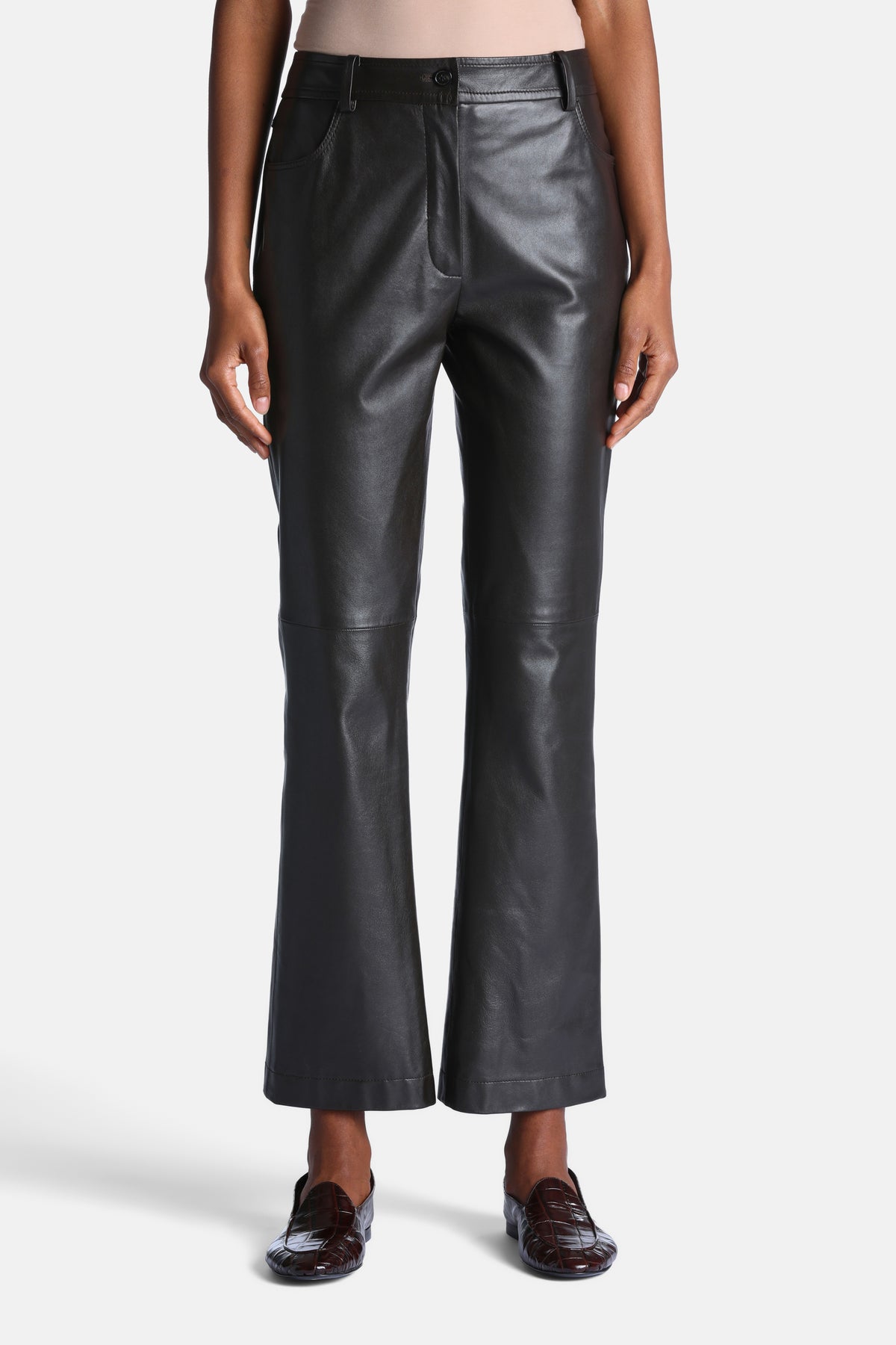 Overt Flared Leather Pants in Brown, primary view