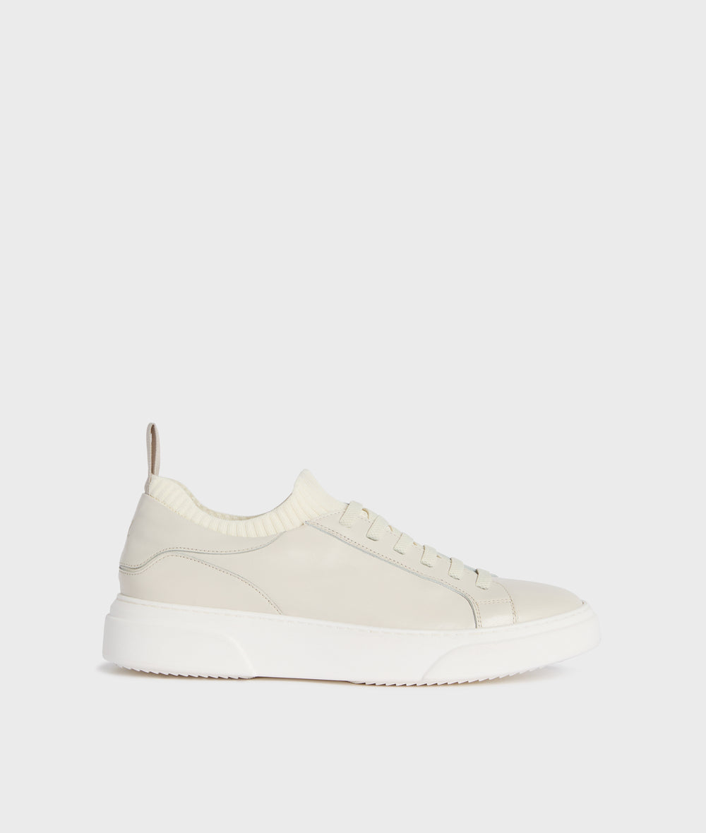 white calfskin sneakers with elastic ankle edge and elastic laces in WHITE, primary view [fp-color:white]