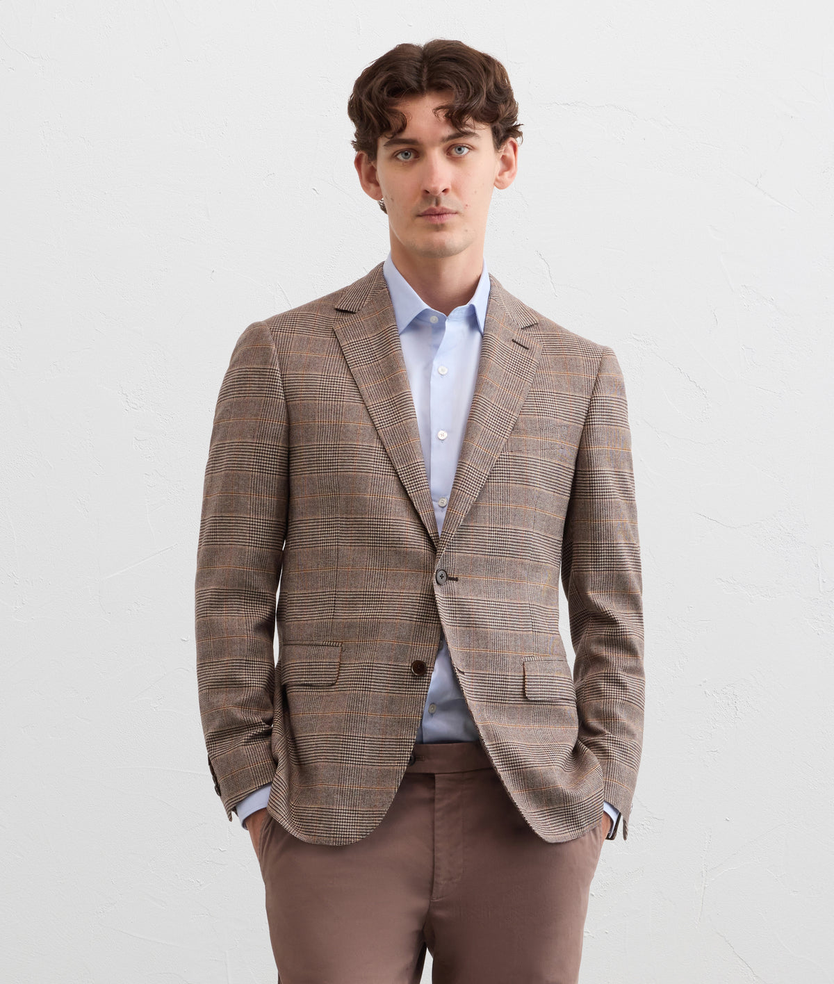 vicenza line wool and polyamide brown glen check jacket in TAN, view 2