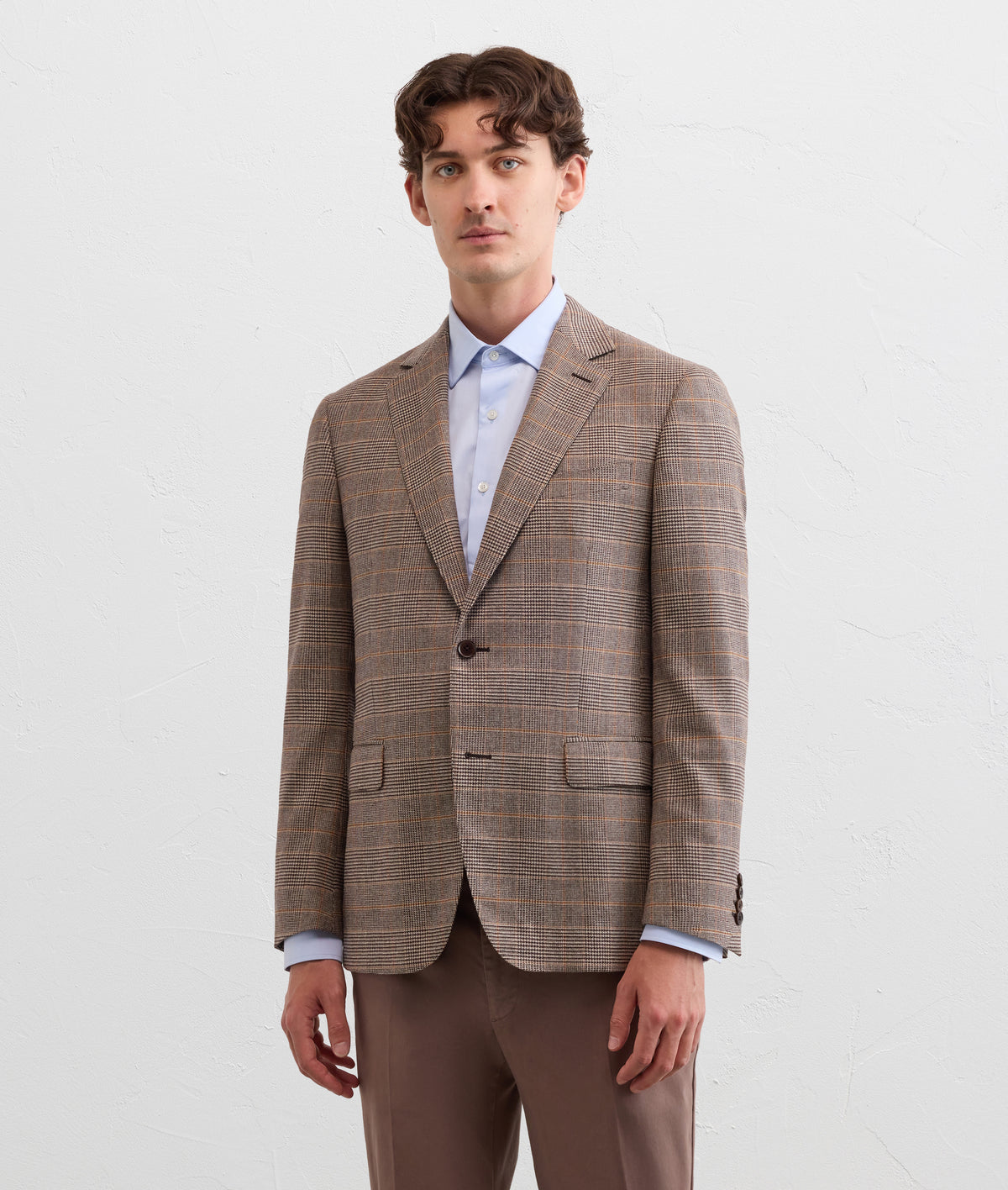 vicenza line wool and polyamide brown glen check jacket in TAN, view 3