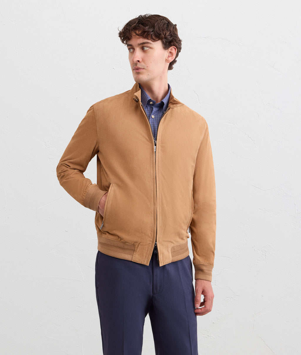 goat suede camel bomber blouson in CAMEL, view 2