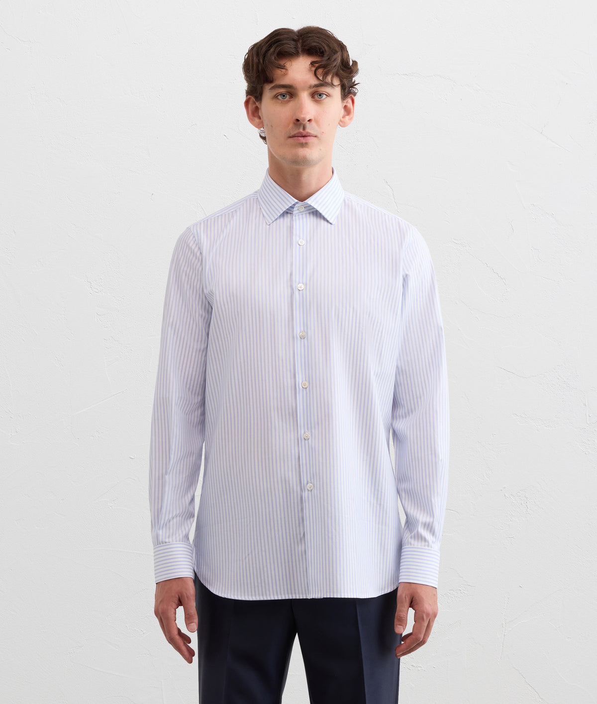 light blue striped pure cotton twill milano collar shirt in LIGHT BLUE, view 3