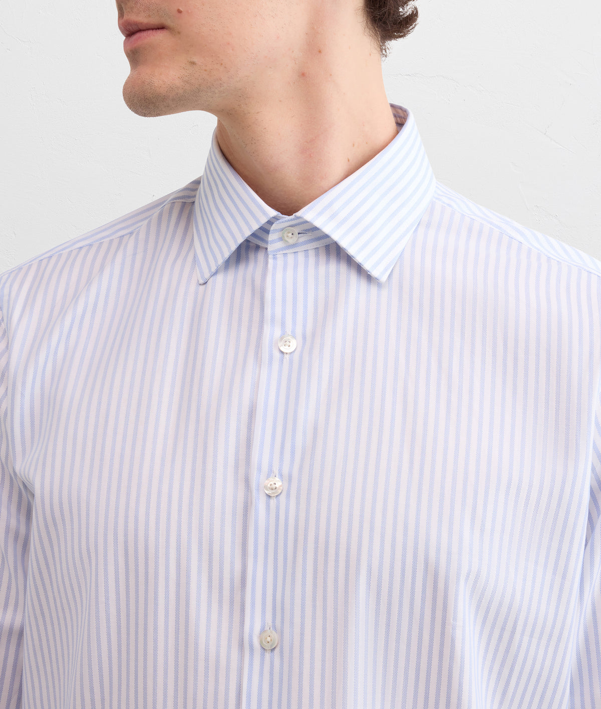 light blue striped pure cotton twill milano collar shirt in LIGHT BLUE, view 5