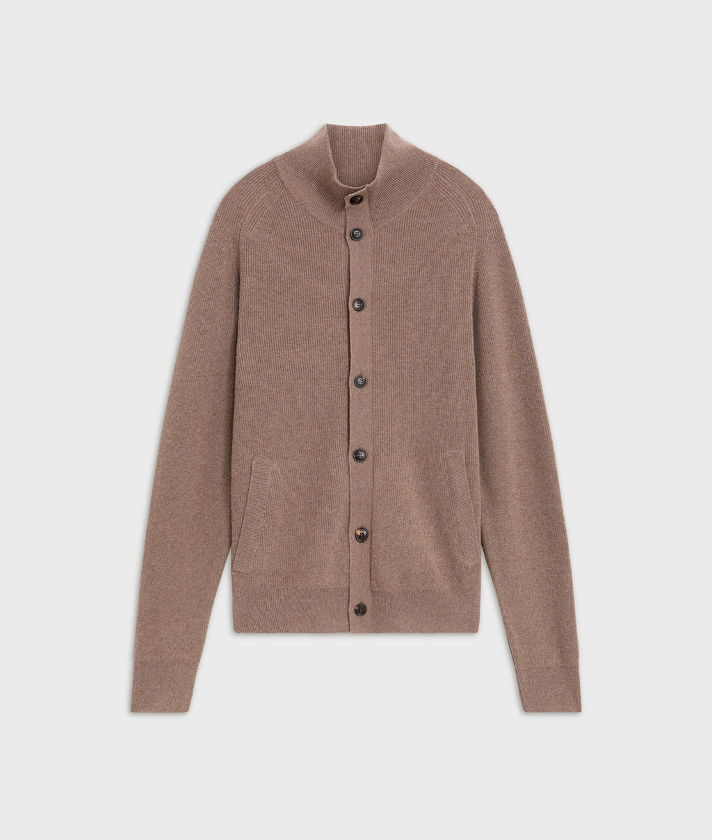 brown wool silk and cashmere fisherman rib cardigan in SOFT BROWN, primary view