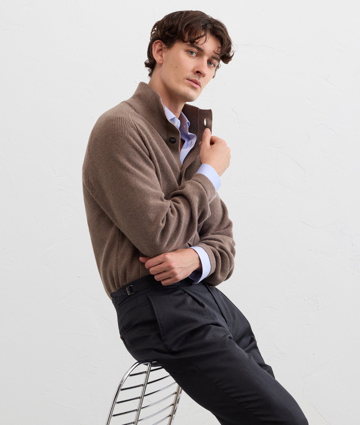 brown wool silk and cashmere fisherman rib cardigan in SOFT BROWN, view 2