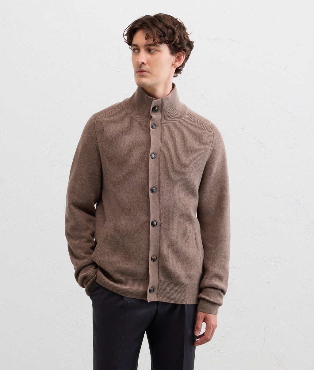 brown wool silk and cashmere fisherman rib cardigan in SOFT BROWN, view 3