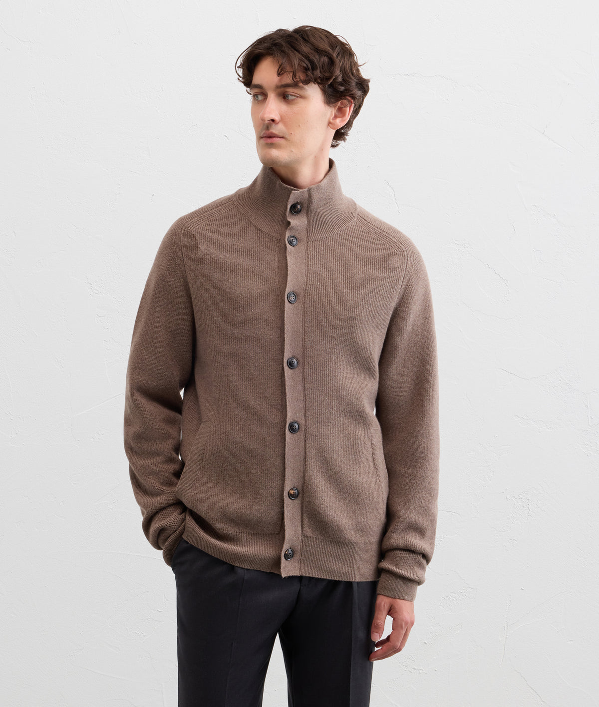 brown wool silk and cashmere fisherman rib cardigan in SOFT BROWN, view 3